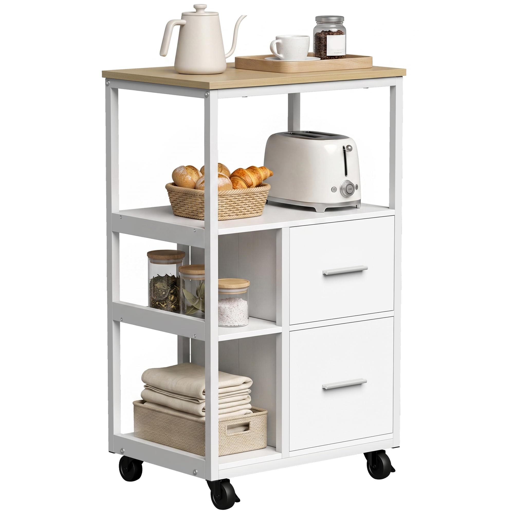HOMCOM Küchenwagen mit Rollen, Arbeitsplatte, Weiß, 53 x 37 x 89 cm