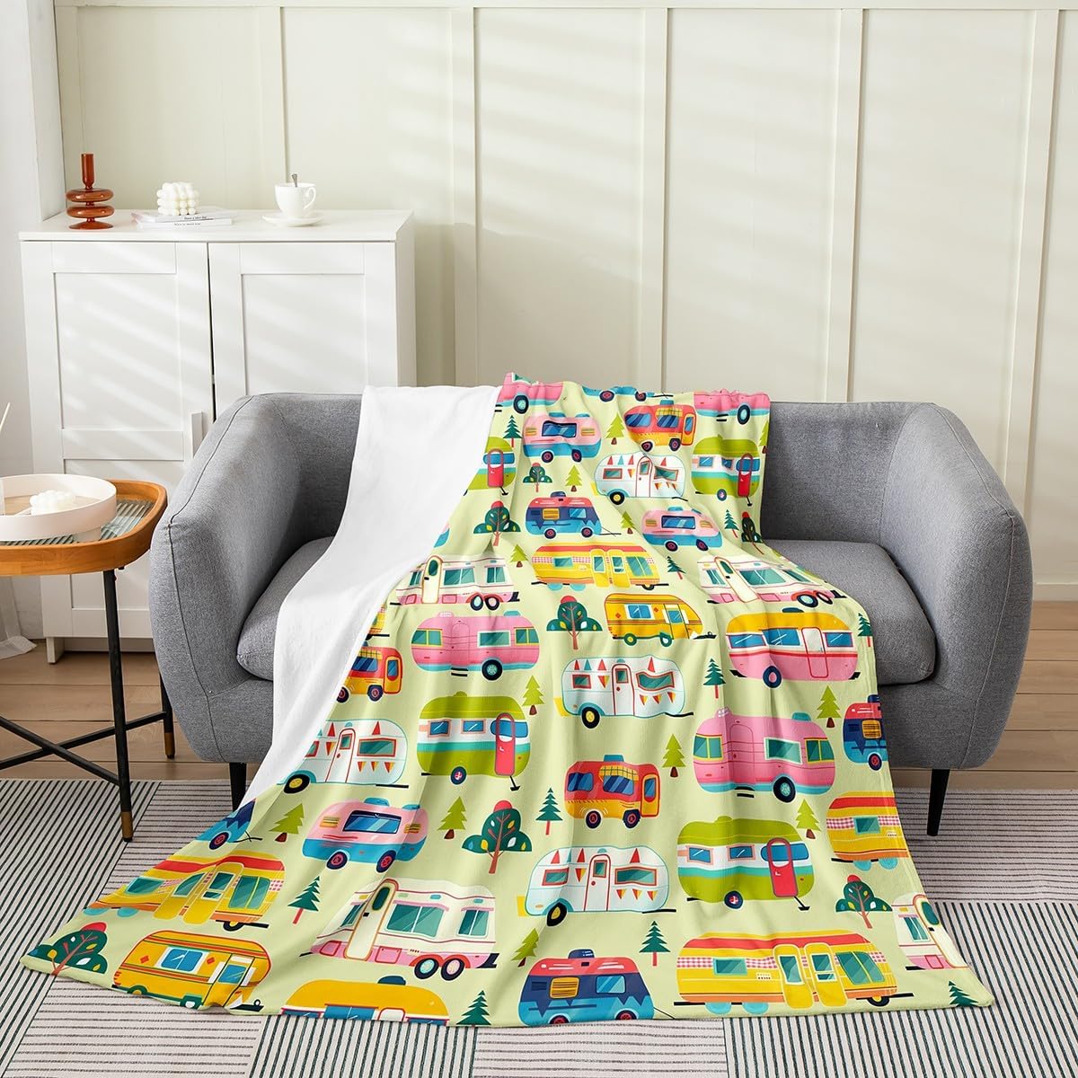 Lake Time Kids Flannel Blanket,Camping Lake House Fishing Rustic Cabin Bed Blanket for Boys Girls,Geometric Stripes Patch Fleece Blanket,Colorful Fuzzy Blanket,Queen Size (90 x 90 Inches)