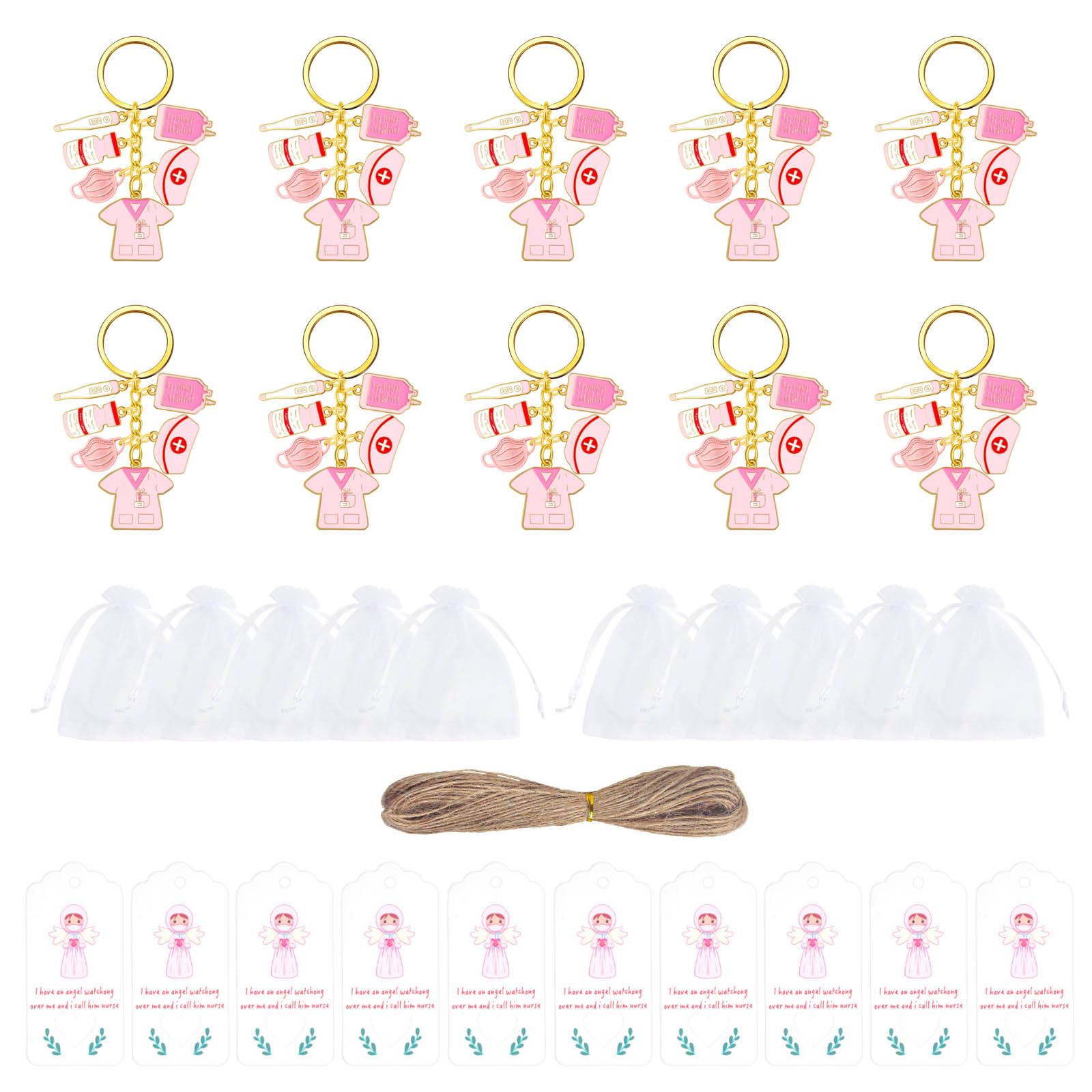 Elnwnnkc Of 10 Graduation Party Thank You GiftsNurse Themed Zincs Alloy Keychain and Organzas Bags Bag Accessories Mixture Nurse Gift Set