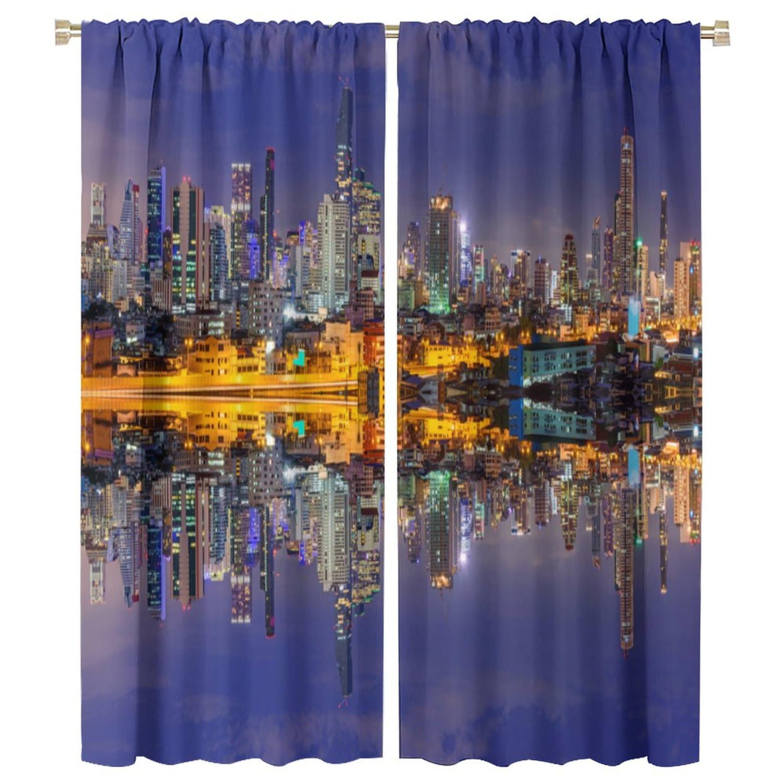Landscape Curtains, Cityscape Scenery of New York City at Midnight USA Ocean Reflection Coast Photo Thermal Insulated Room Darkening Curtains for Living Room Bedroom Drapes 2 Panels 42x54 Inch