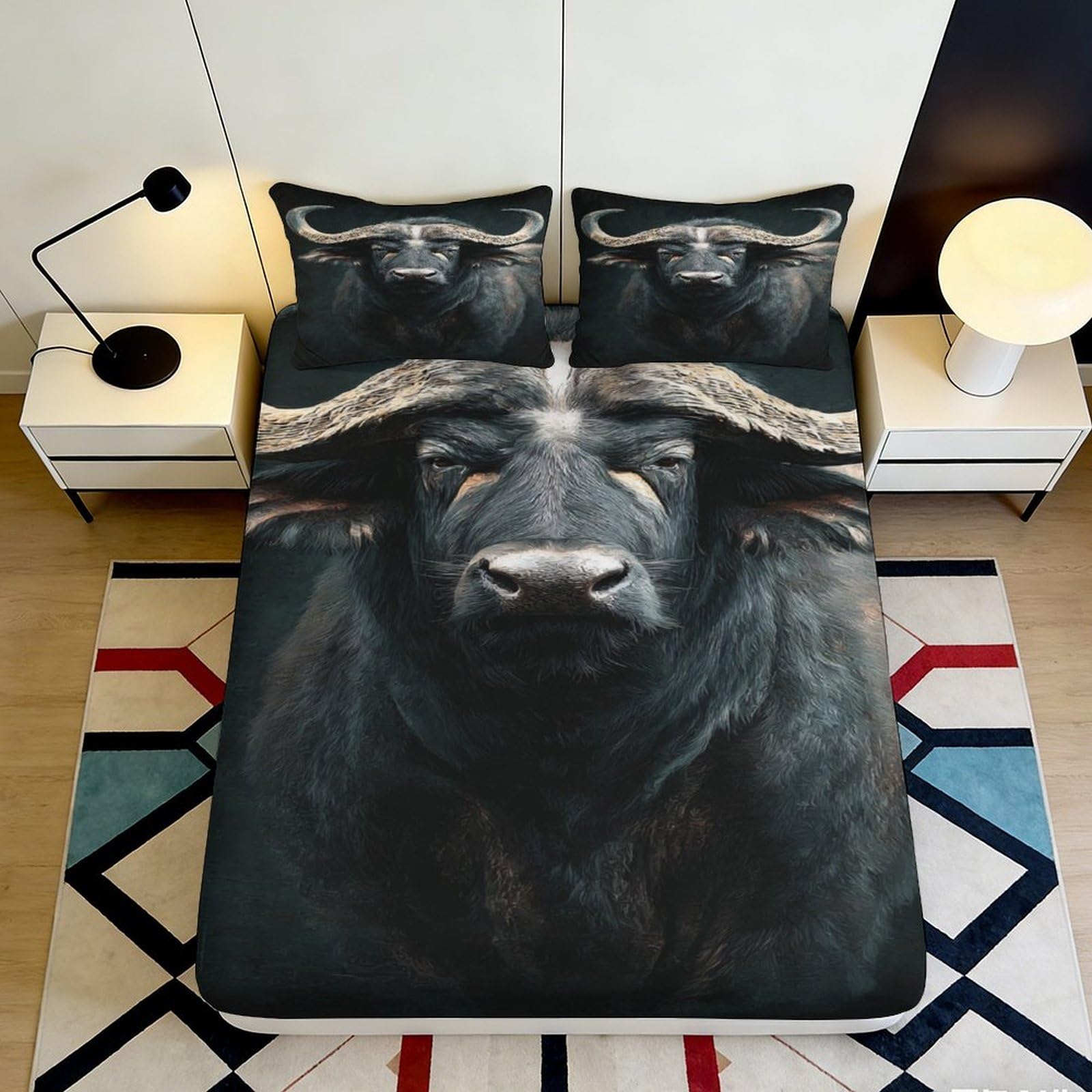 3D Printed Black Buffalo Pattern Fitted Sheet Microfiber Soft Durable 3D Printed Bull Mattress Cover for Bedroom Dormitory Guest Room Decor 200x200x25cm