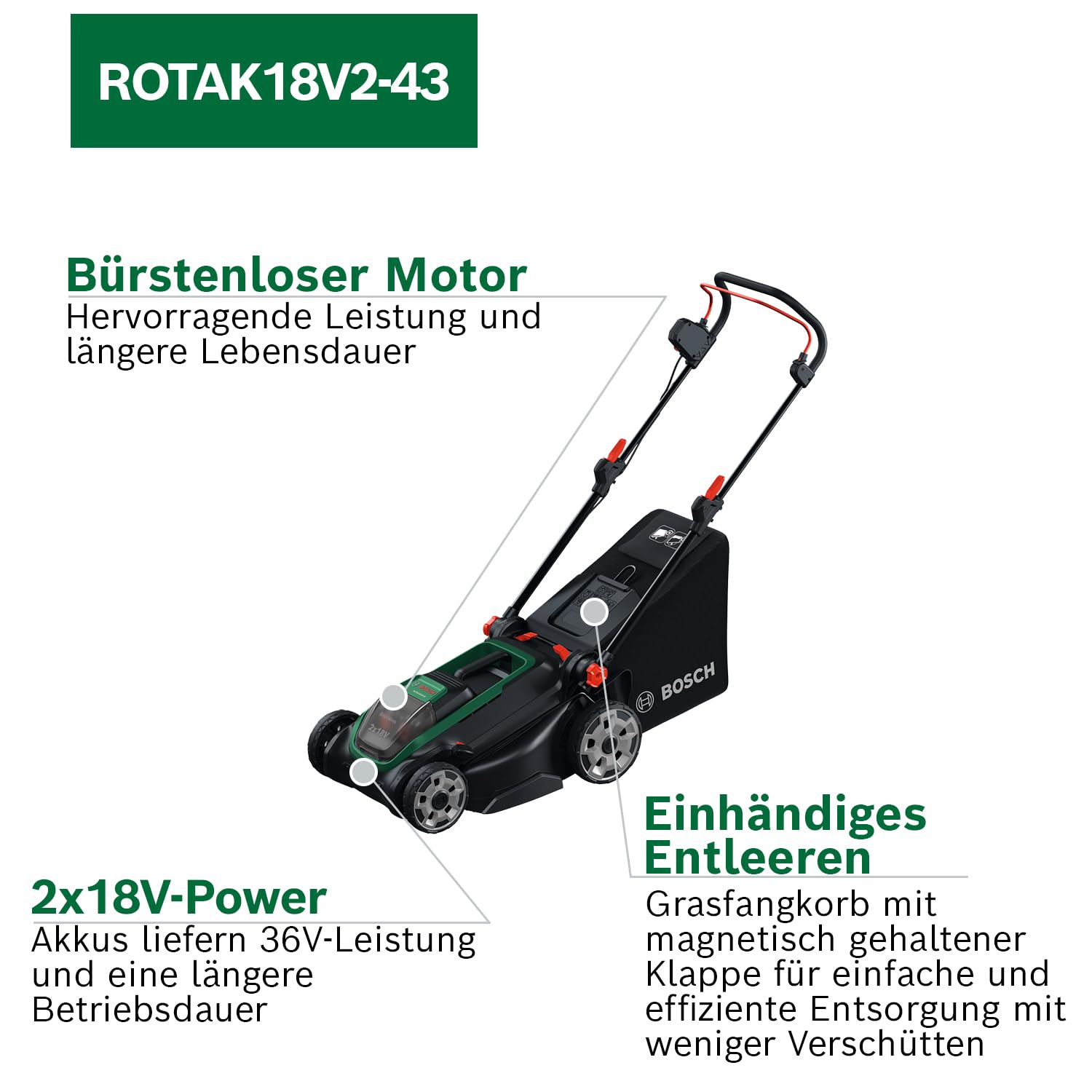 Bosch Akku-Rasenmäher ROTAK18V2-43 (Schnittbreite: 43 cm, Schnitthöhe: 30-75 mm, 50 l Stoff-Grasfangkorb, Mulchstopfen, inkl. 2 x 18V Akku und Ladegerät)