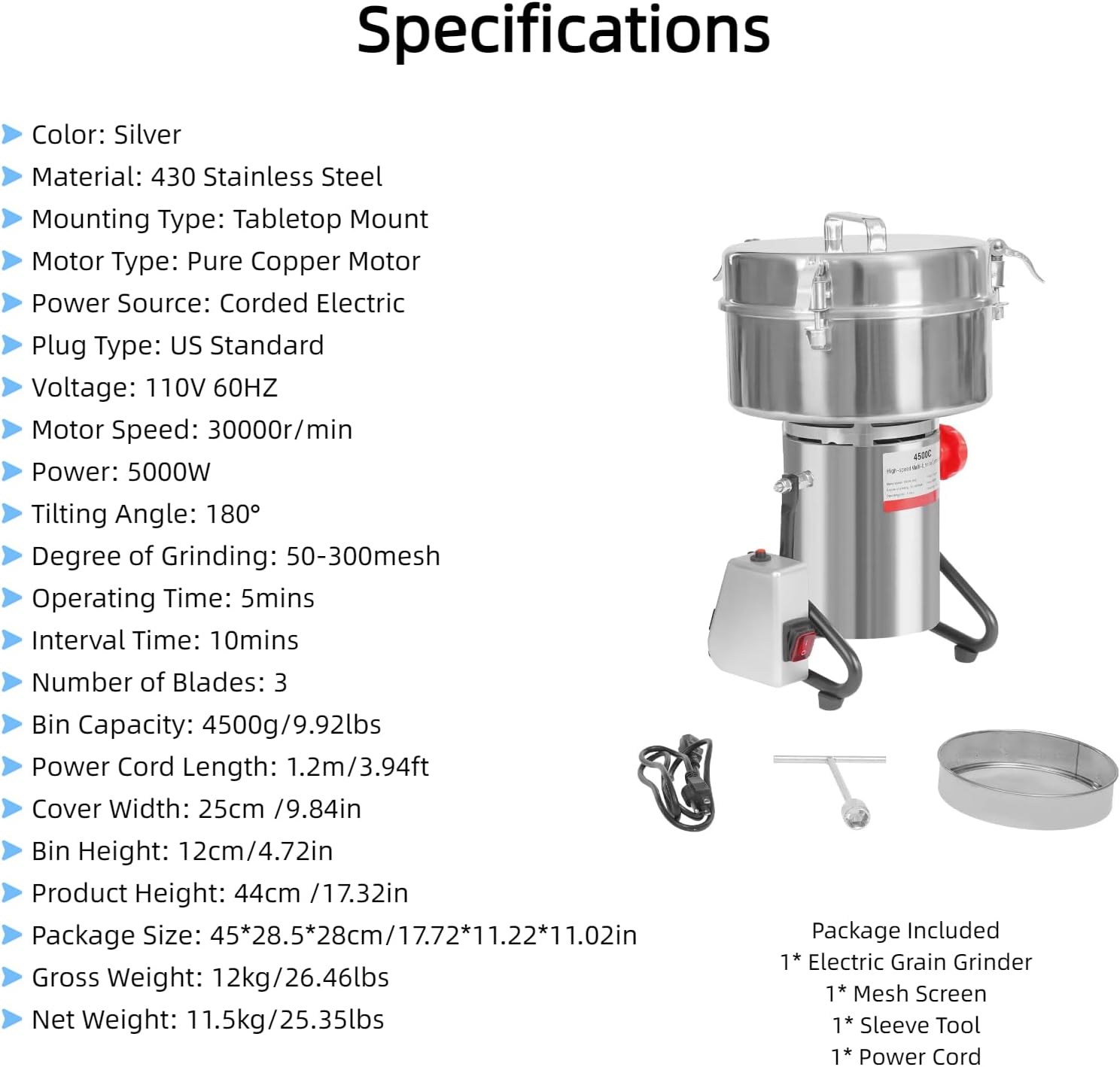 Grain Mill Grinder 4500g Electric Peanut Grinder Stainless Steel Flour Mill 5000W High-Speed Pulverizer Grinding Machine for Peanuts Walnuts Pepper, 110V 60HZ