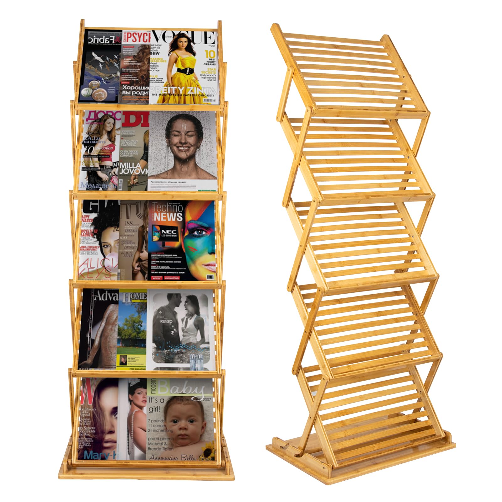Espositore per Riviste Pieghevole, Portariviste da Terra in bambù, Portatile Espositore per Brochure 5 Scomparti A3 per Volantini, Riviste, Letteratura, Supporto Cataloghi per Fiere, Uffici