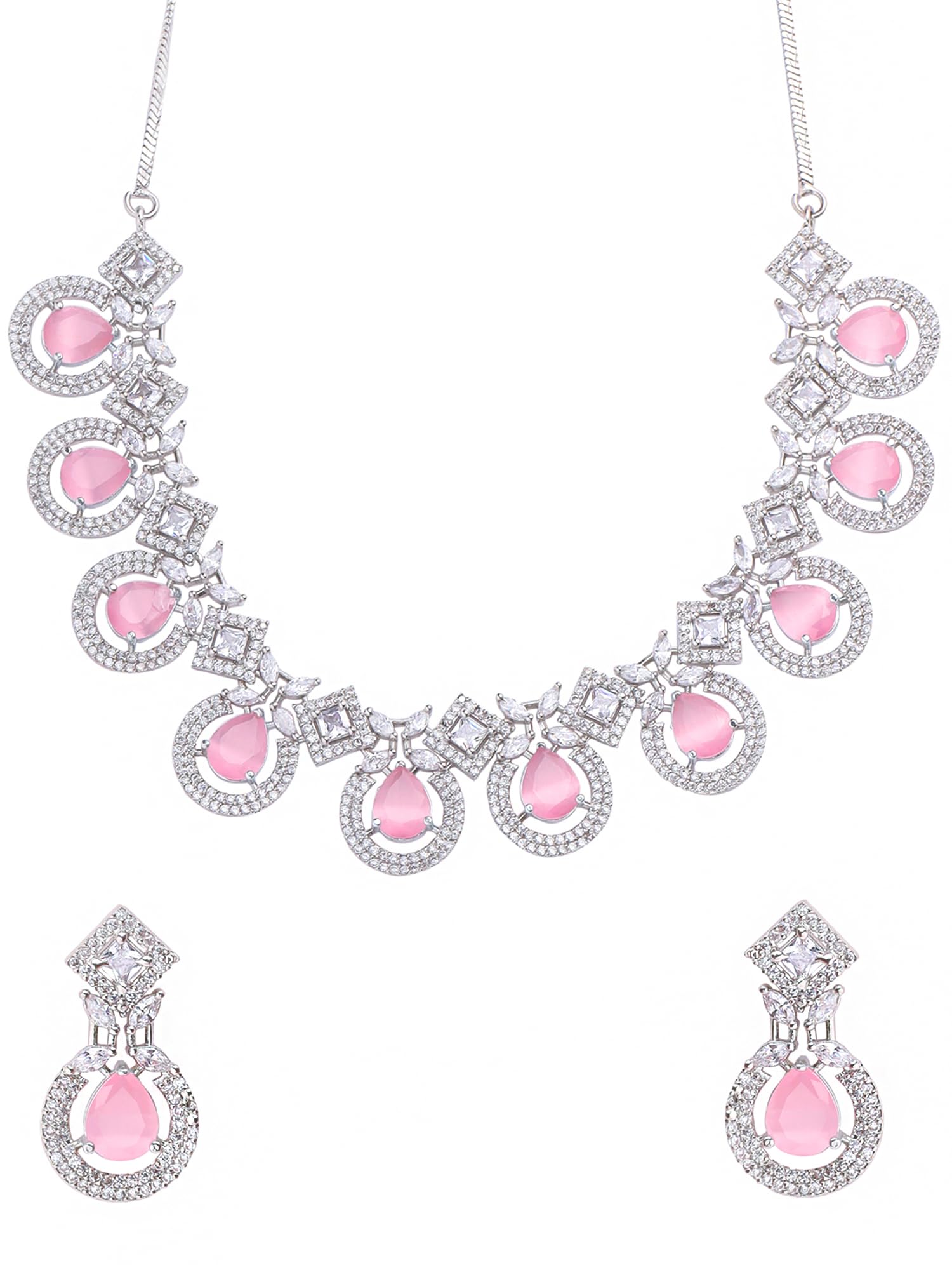 Yellow Chimes Diamond Necklace Set for Women | Pink Stone Silver Necklace Set | AD Jewellery Set for Women | Silver Diamond Necklace Set | Birthday Gift for Girls & Women Anniversary Gift for Wife (B0D9BT5R22) Amazon Price History, Amazon Price Tracker