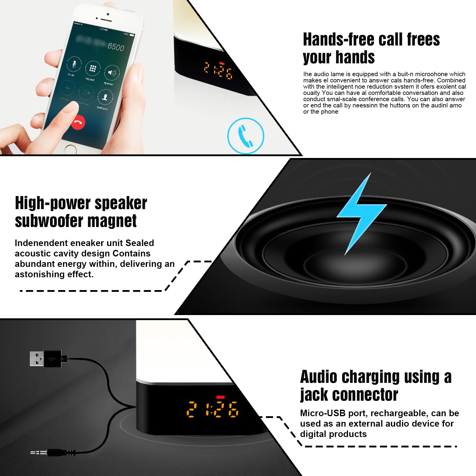 BORDEAG Altoparlante Bluetooth Sveglia con Luce LED Touch, Lampada da Comodino Dimmerabile, Lettore MP3