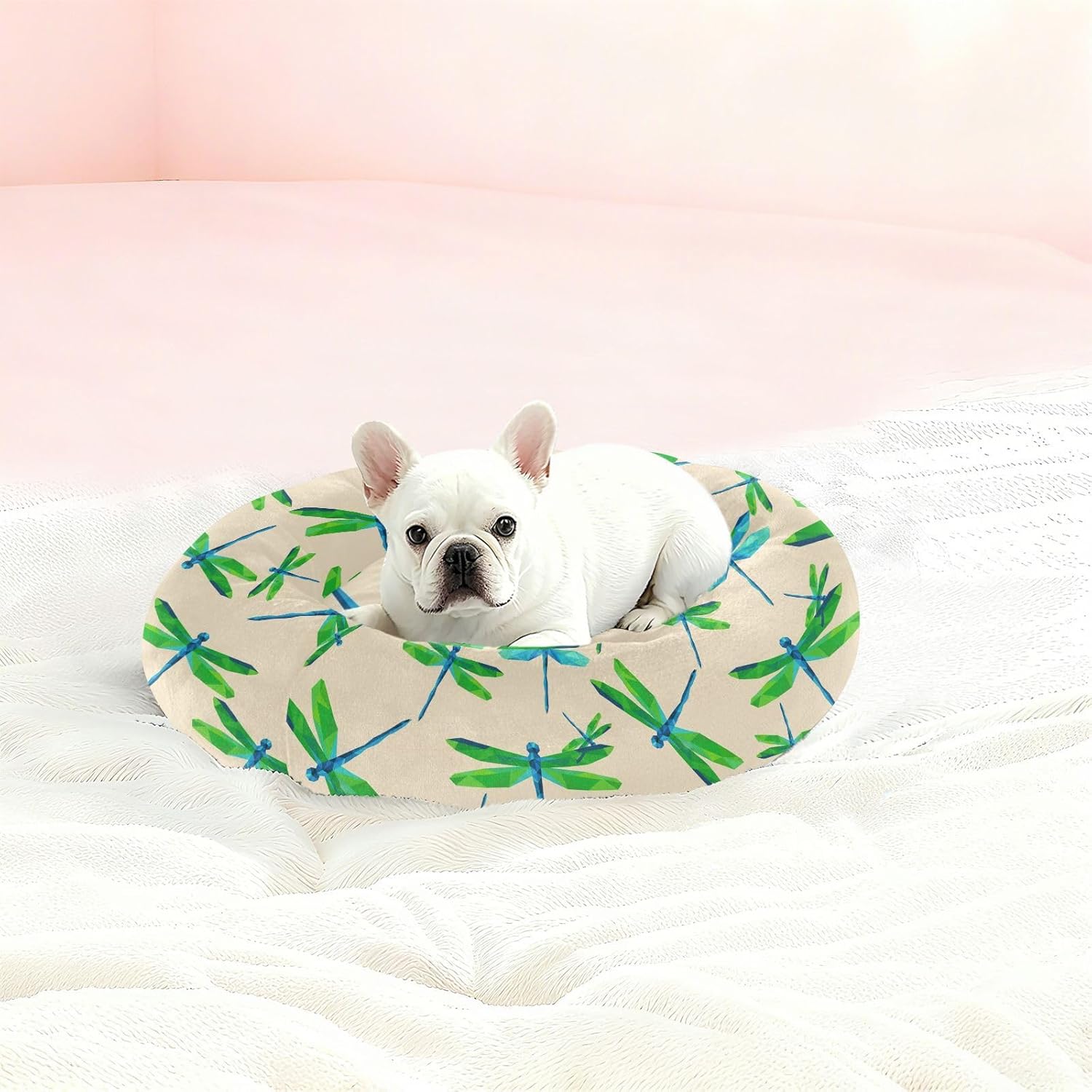 Dragonflieses Beige Pattern Dog Bed Round Donut Washable Puppy Cat Bed Small Pet Medium Dog Beds Mat for Small Medium Dogs Cats,M
