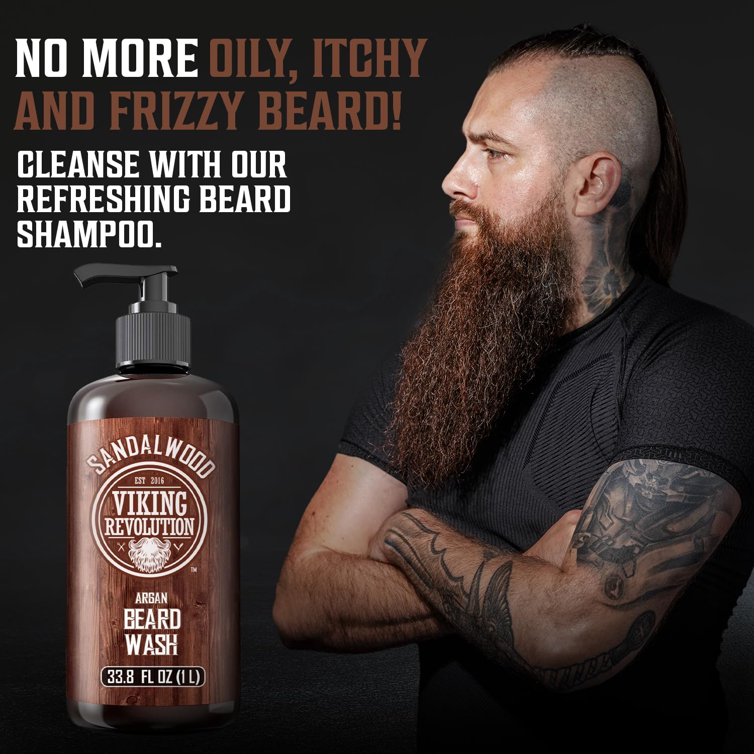 Viking Revolution Sandalwood Beard Wash for Men with Argan Oil - Beard Softener and Strengthener Beard Shampoo with Ginseng, Red Sage, Vitamin B5, Vitamin E - Sandalwood Beard Care (33.8 Fl oz)