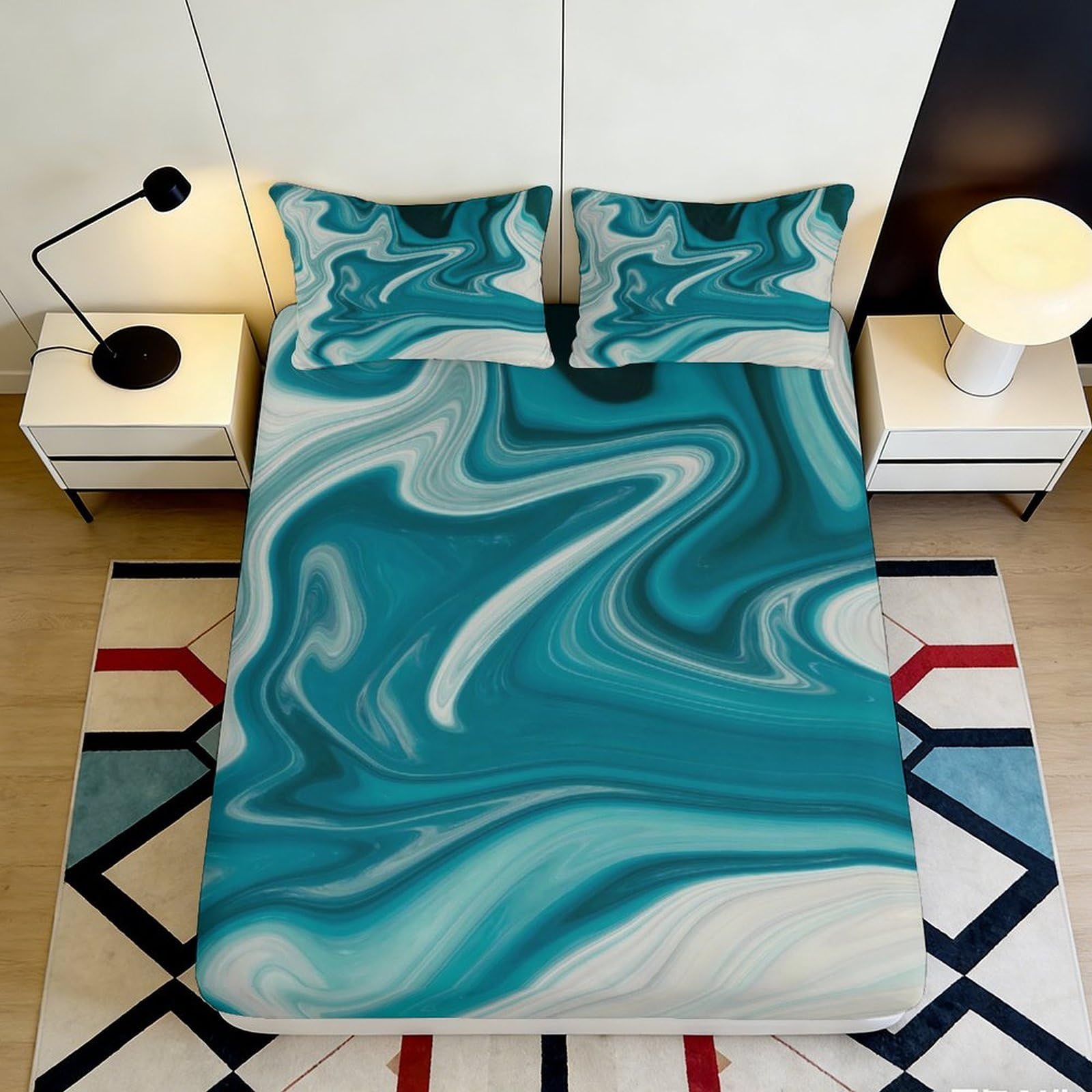 3D Printed Turquoise Marble Pattern Fitted Sheet Microfiber Soft Anti-Slip Swirl Mattress Cover for Bedroom Dorm Decor 90x200x25cm