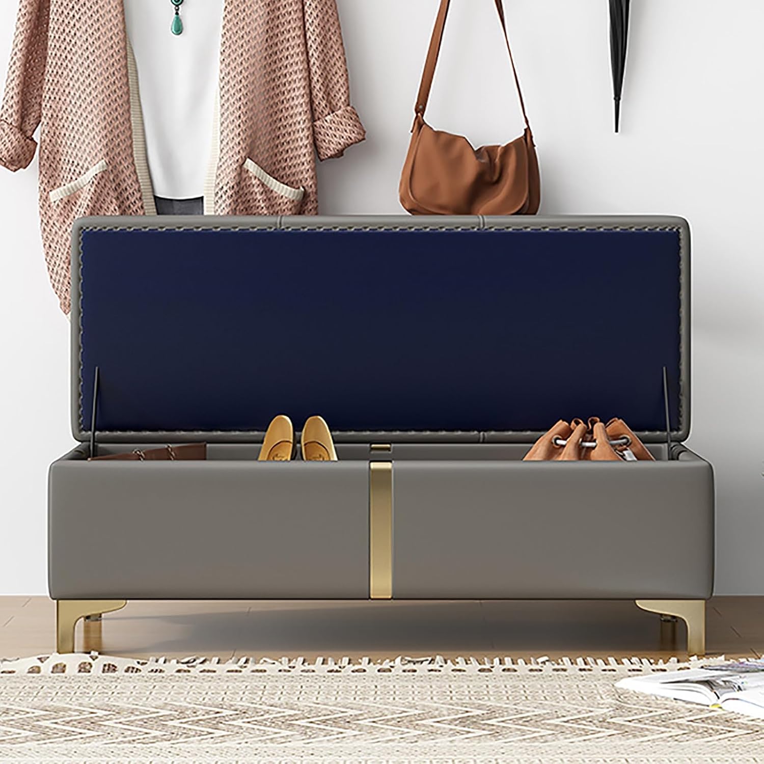 Modern PU Leather Entryway Bench Stylish Upholstered Storage Seat Foldable Shoe Rack for Living Room & Bedroom (Color: Orange Size: 15.7in/40cm)