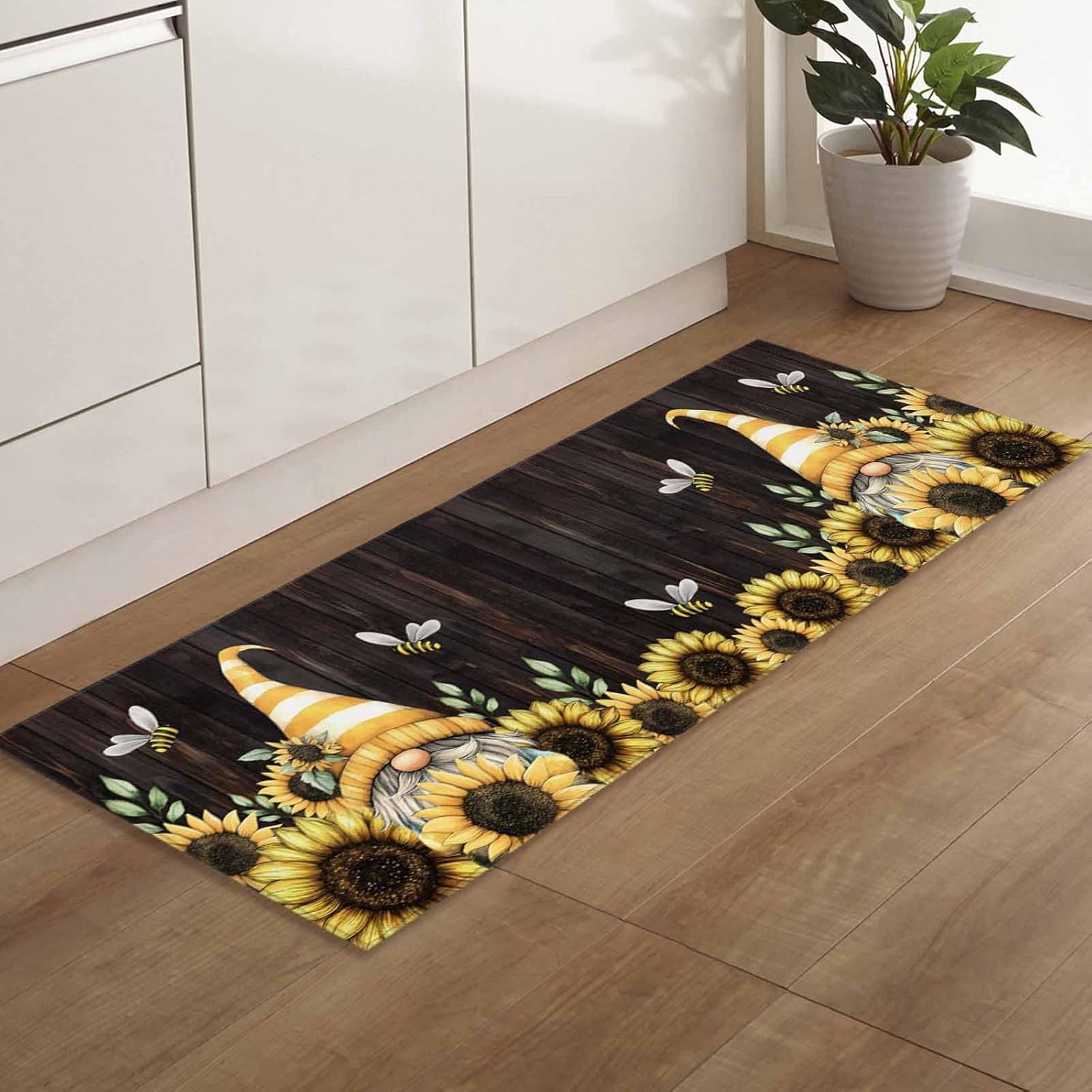 2 Pieces Kitchen Rugs and Mats,Farmhouse Yellow Gnome Sunflower Bee Area Runner Rug Set Non Slip Floor Doormat Washable Carpet Standing Mat for Kitchen Sink Indoor Corridor,Vintage Brown Wood Board
