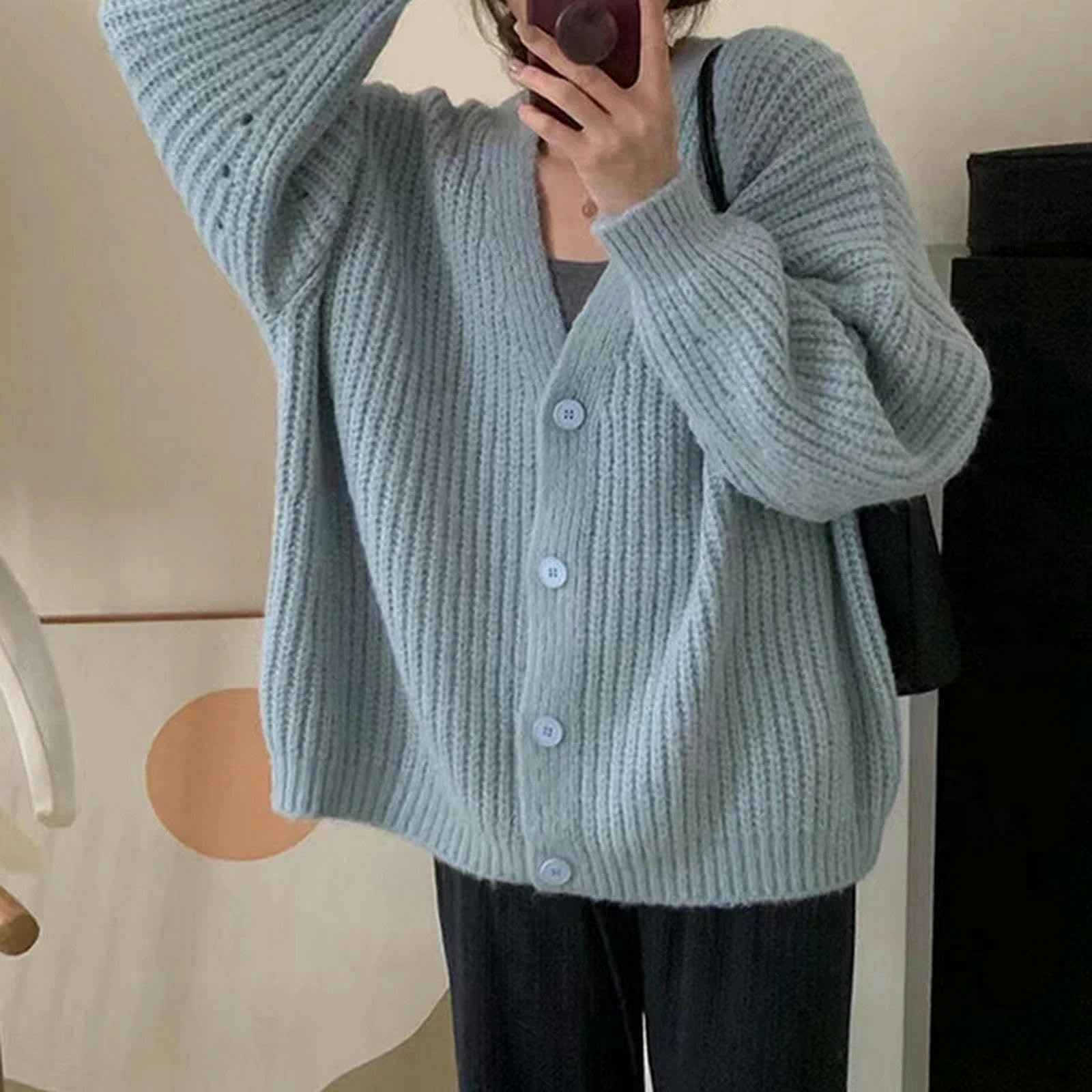 Sweter dla kobiet gruby dzianinowy kardigan damski z długim rękawem dekolt w serek zapinane na guziki swetry kurtka elegancka dzianina jesienno-zimowy strój
