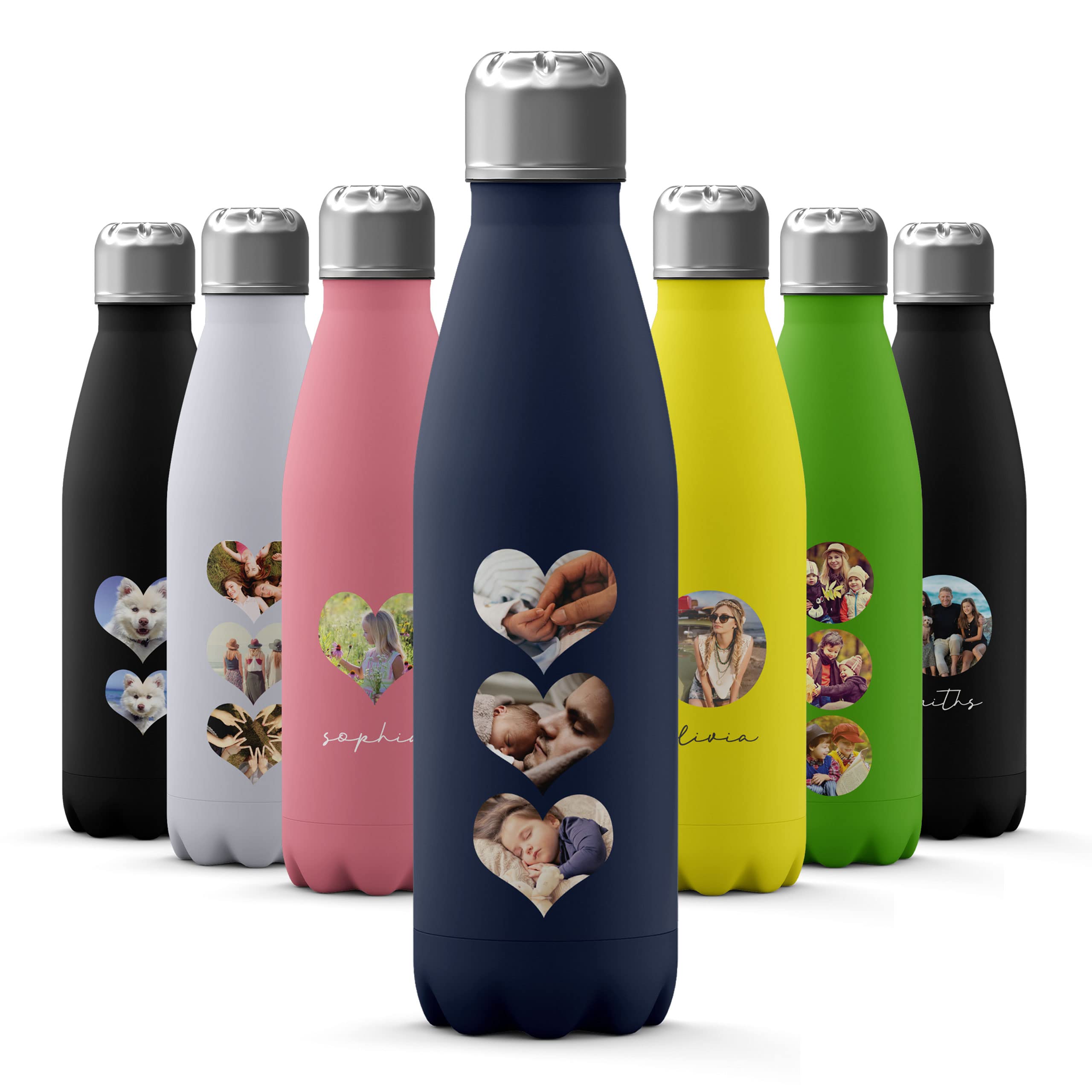Tirita Custom Photo Personalised Water Bottle - Thermal Travel Flask - Insulated Stainless Steel Bottle - Gym, Office, School Drink - 500ml [29- Three Heart Shaped Photos on Blue]
