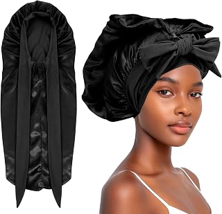 Abeillo Long Satin Bonnet for Women Sleeping, Silk Large Hair Cap With Tie Band for Braids Curly Hair (Black)