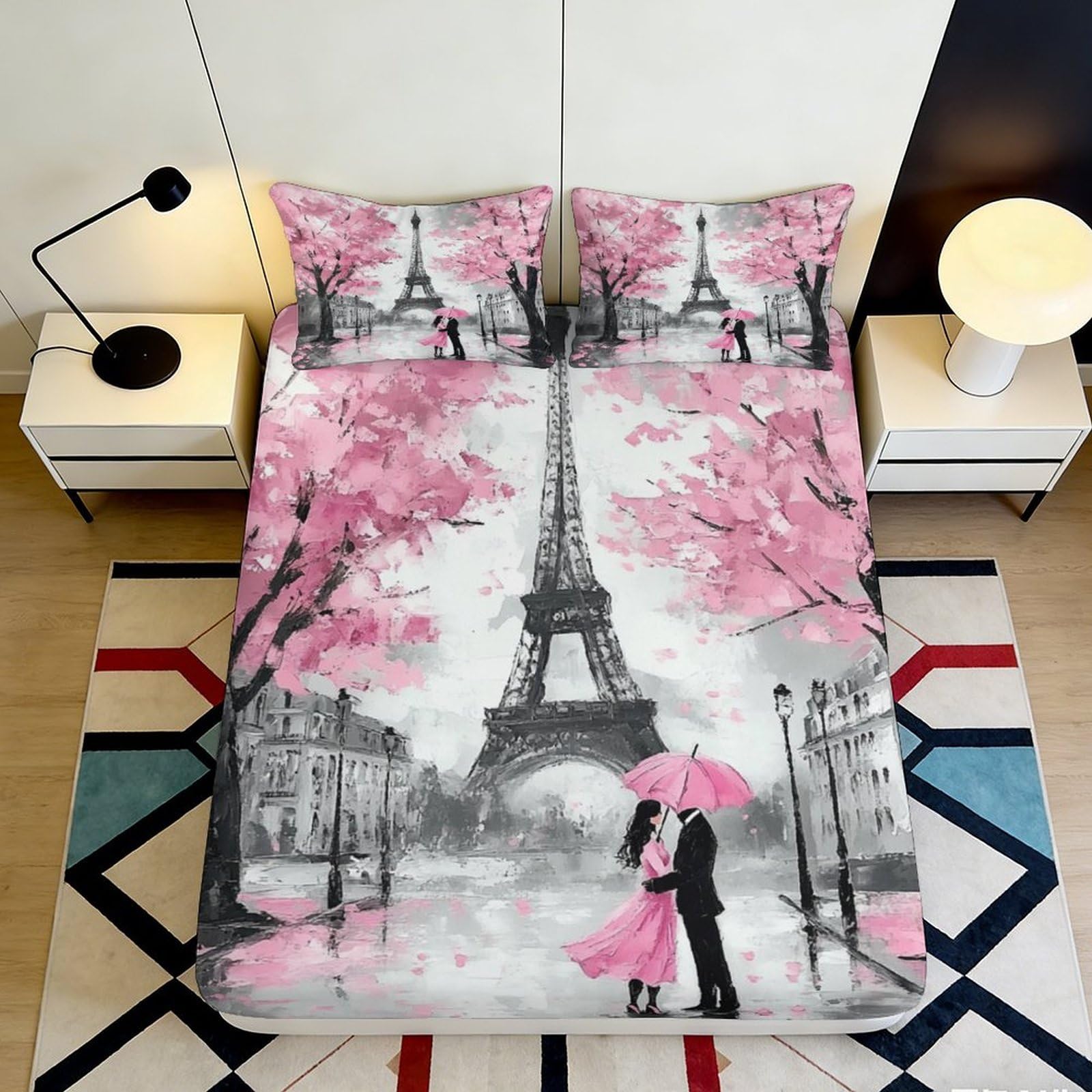 3D Printed Eiffel Tower Pink Sakura Fitted Sheet Microfiber Soft Mattress Cover for Bedroom Dorm Décor 90x200x25cm