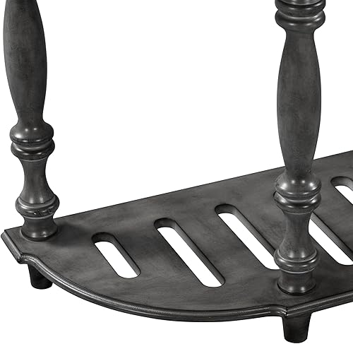 Miniatura 7 de LUMISOL Mesa de sofá estrecha con diseño curvo circular retro, mesa de consola con 4 cajones de almacenamiento y estante abierto, gris retro