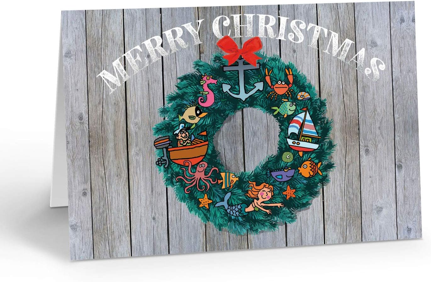 Stonehouse Collection Personalized Nautical Wreath Christmas Card - 24 Boating Cards and Envelopes (Personalized)