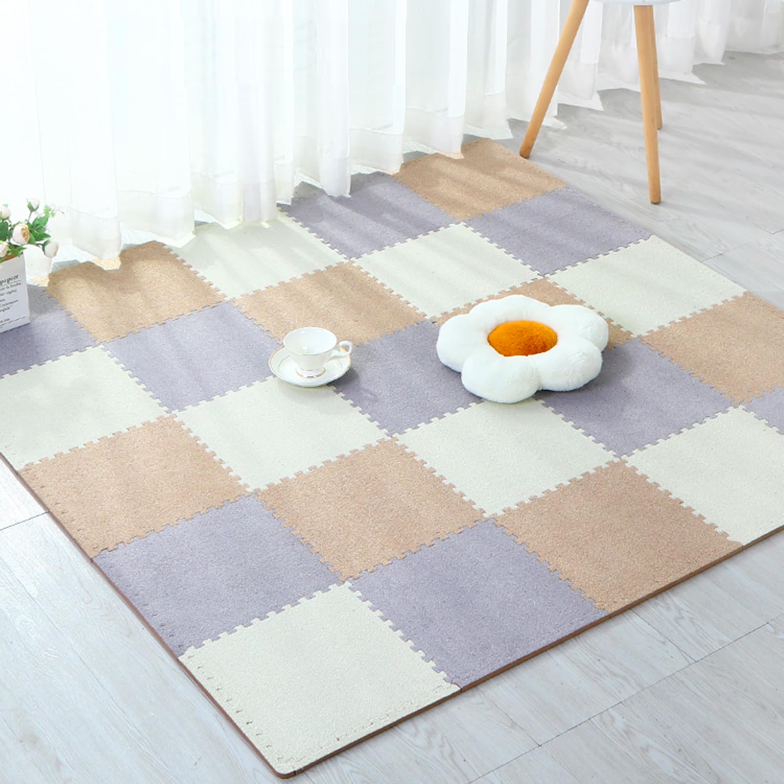 Palymaty 12-częściowa mata podłogowa z pianki patchworkowej, 12 "X 12" grube blokujące kwadraty dywanowe, piankowa mata podłogowa z puzzli, mata do zabawy z puzzlami dywanik(Beige)