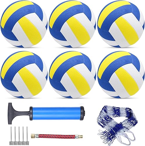 Miniatura 8 de Paquete de 6 pelotas de voleibol de tamaño oficial 5 de cuero sintético, incluye bomba de bola y bolsa de red, voleibol de competición para