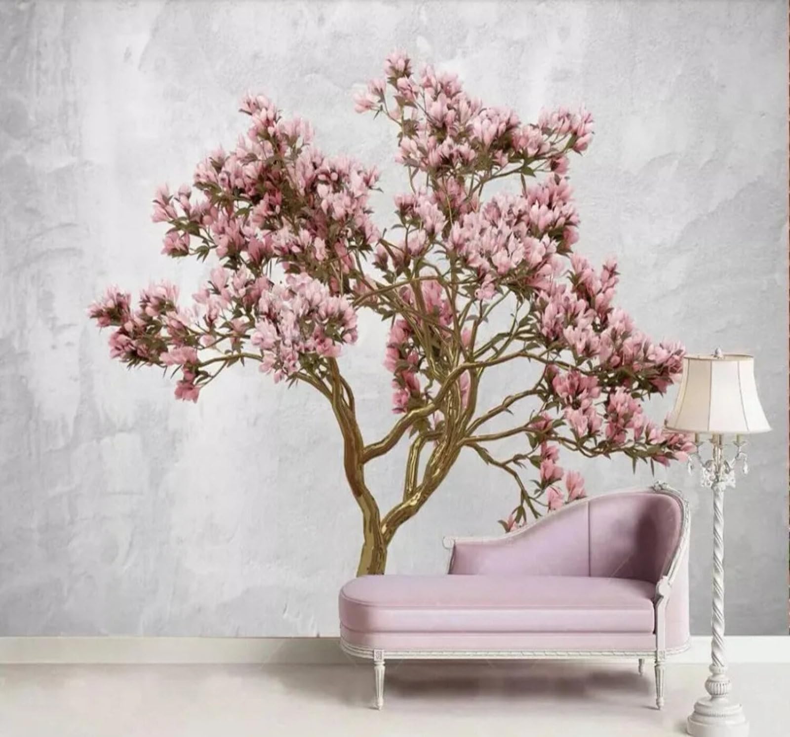 Arbres Minimalistes En Tridimensionnel Avec Fleurs Roses Papier Peint 3D Installation Facile Intissé Tapisserie Bureau Salon Canapé Chambre Décoration Murale-430cm×300cm