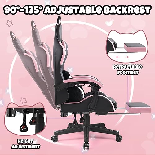 Miniatura 6 de Silla de juegos negra con orejas de gato y cojín lumbar de pata de gato, bonita silla ergonómica de escritorio para computadora con reposapiés y