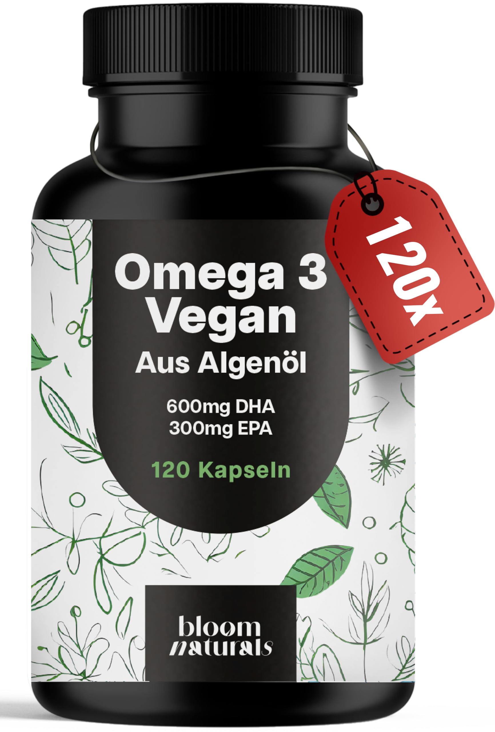 Omega 3 Kapseln Hochdosiert Vegan - 120 Kapseln - 2000mg Algenöl - 600 mg DHA & 300 mg EPA - Vegan & Produziert in Deutschland - Laborgeprüft - Verpackung kann variieren