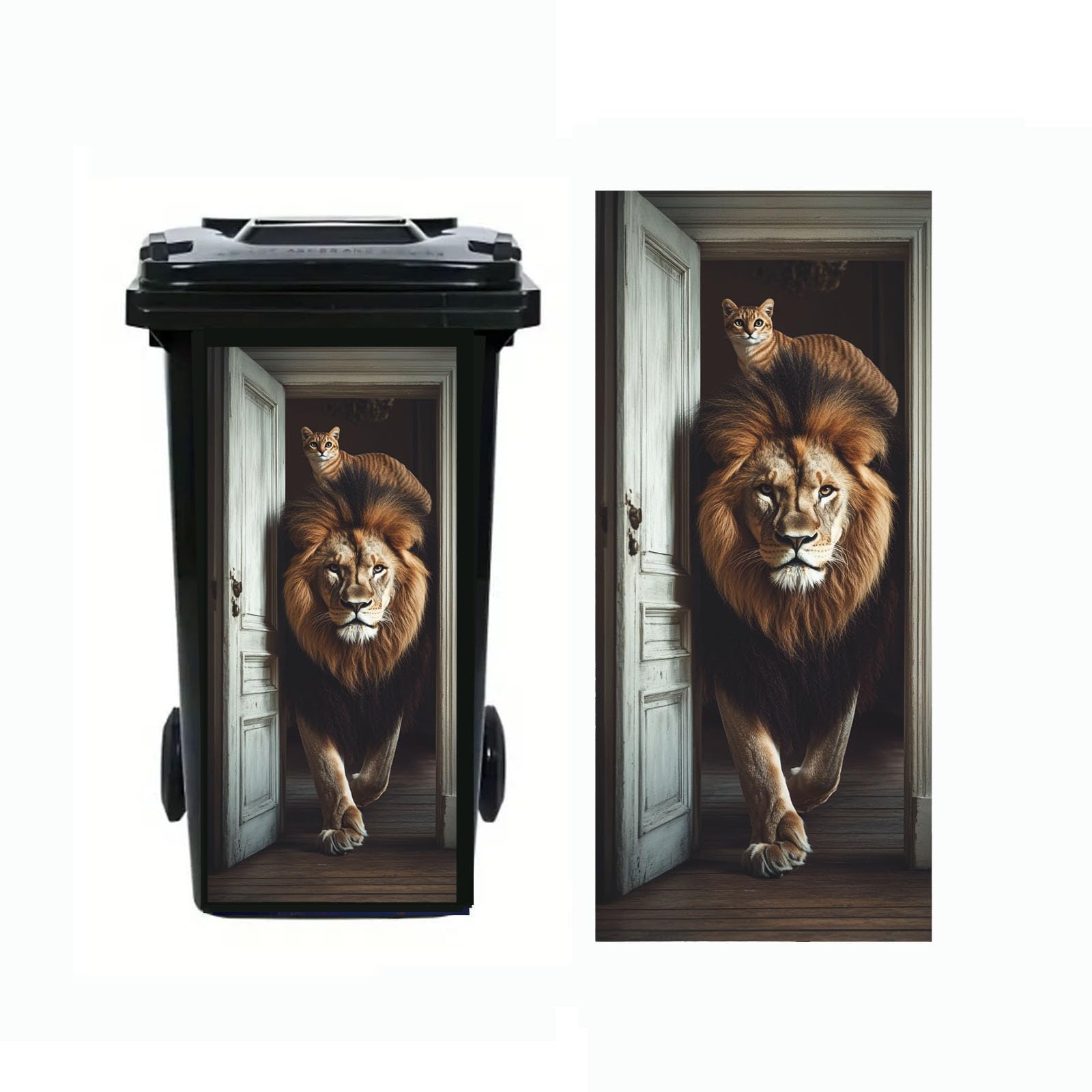 Nouiroy Donkey Dustbin Sticker Decals Wheelie Bin Stickers Self Adhesive Dog Cat Peeking Decal for Door Trash Cans Bins Driveway Garden Outdoor Patio Decor,14.57×32.28in (Lion 3)