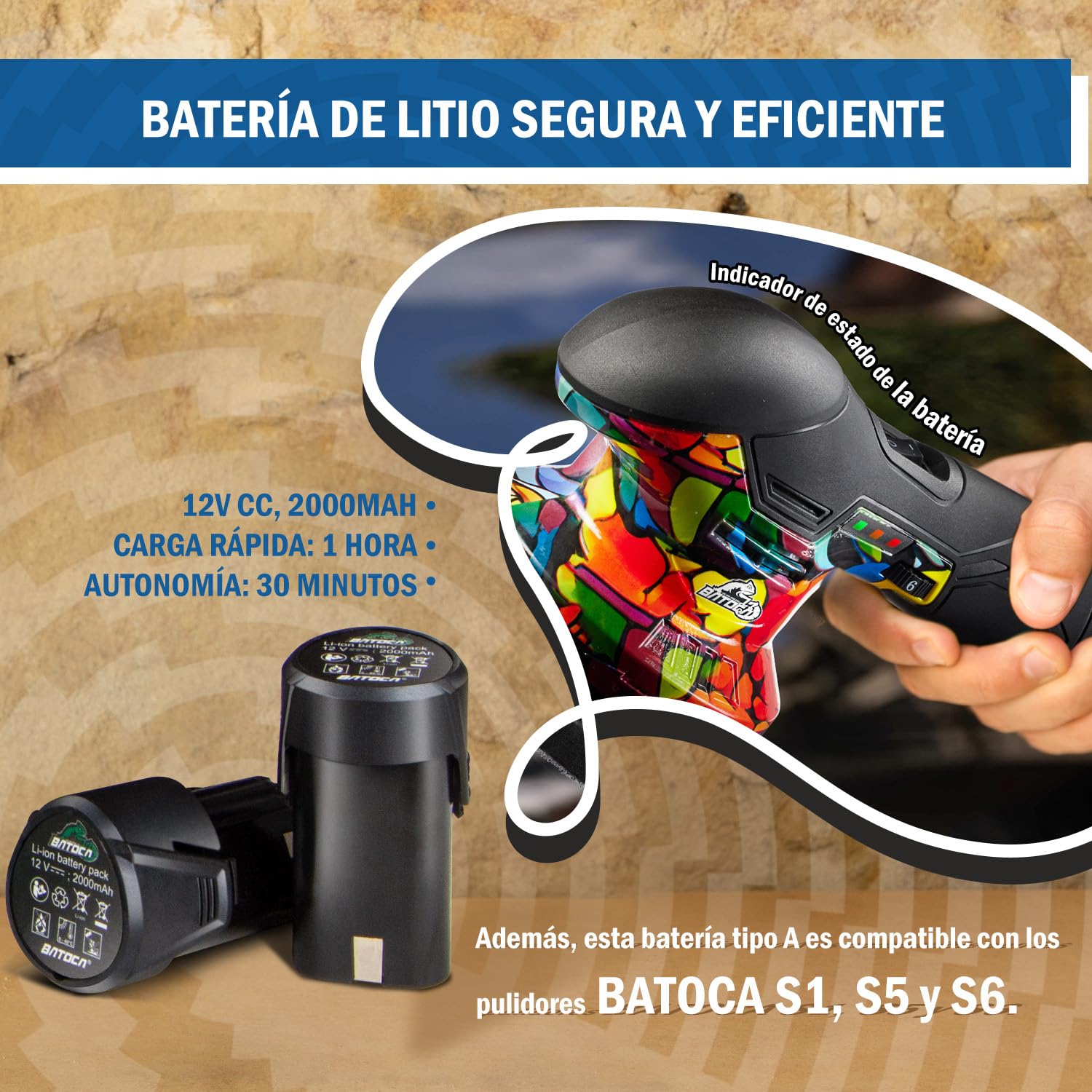 BATOCA S3 Pulidora Batería Compacta Mejorado,12V Pulidor para Coche 5mm Orbital, 2500-5000 RPM,2 2.0A Baterías Set de Pulido, Lijadora Multiusos,Portátil Buffer,Lustrador, Abrillantador,Encerado