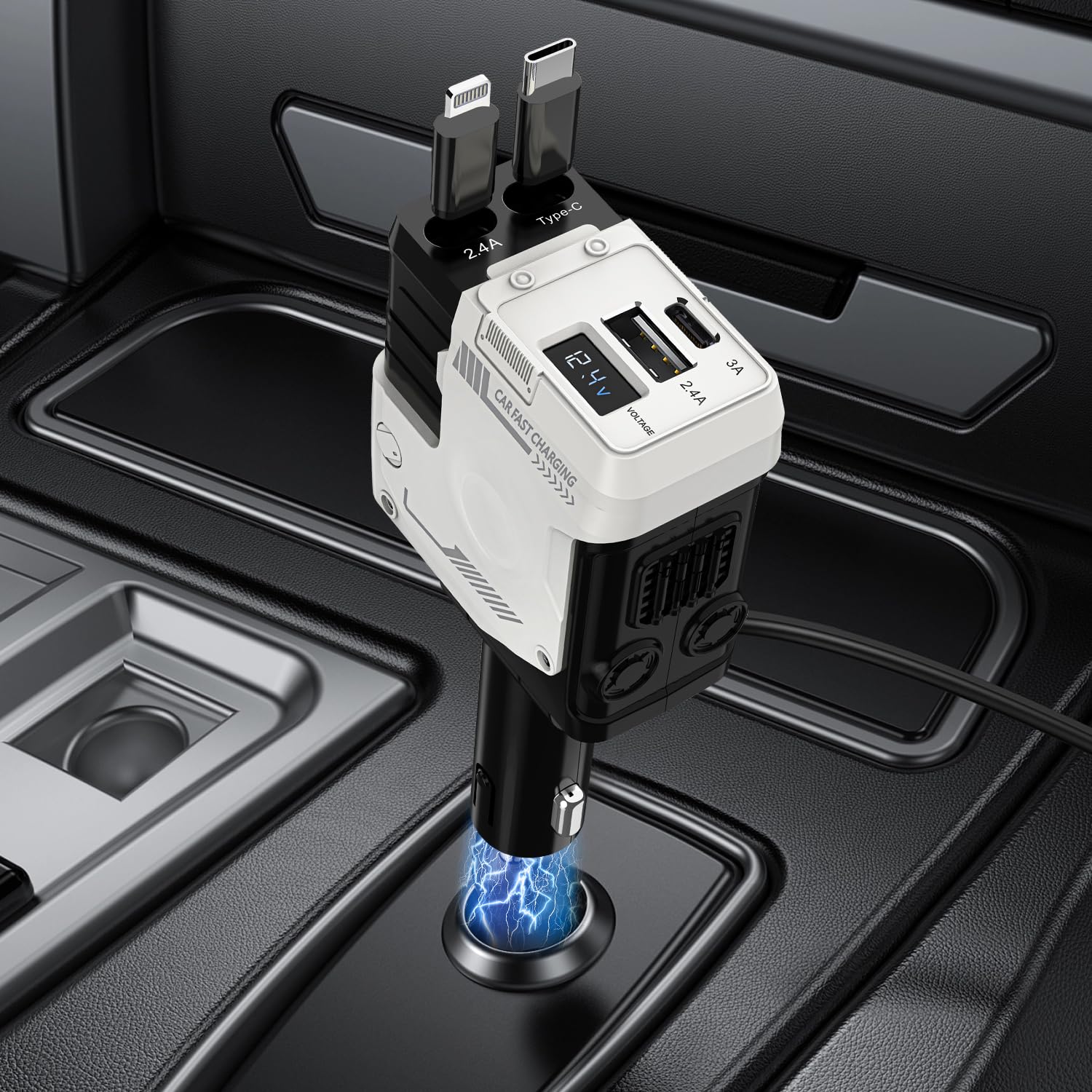 Necomi Car Charger,120W Retractable Cable and USB Car Charger, 4-Port Fast Charging,Compatible with Galaxy and Other Devices,وصلة شاحن سيار