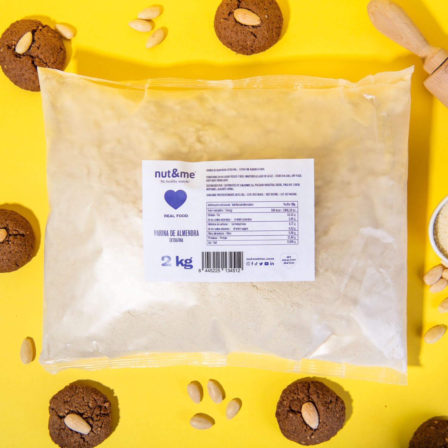 Harina de almendra 2 KG nut&me | 100% almendra | Extrafina | Sin Gluten | Keto | Repostería | Sin azúcar| Sin conservantes ni aditivos | Alto en proteínas |