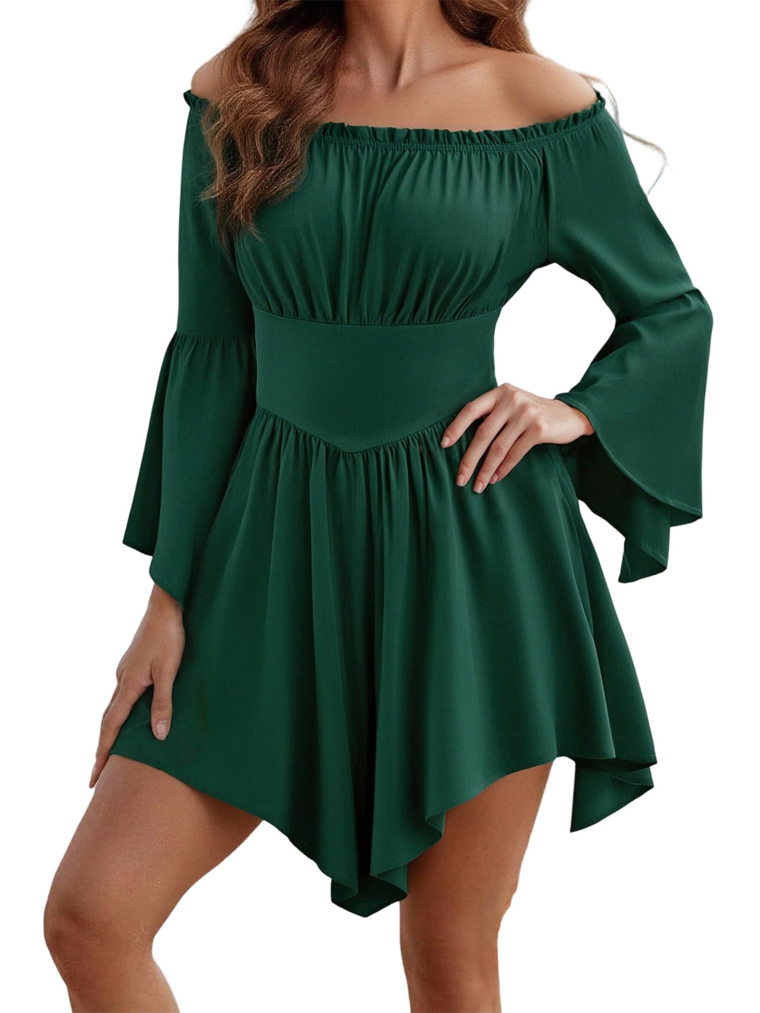 Lshyuehao Women Medival Off Shoulder Corset Dress Renaissance Long Sleeve Flowy Mini Dress Halloween Cosplay Fancy Dress (A-Turquoise, M)