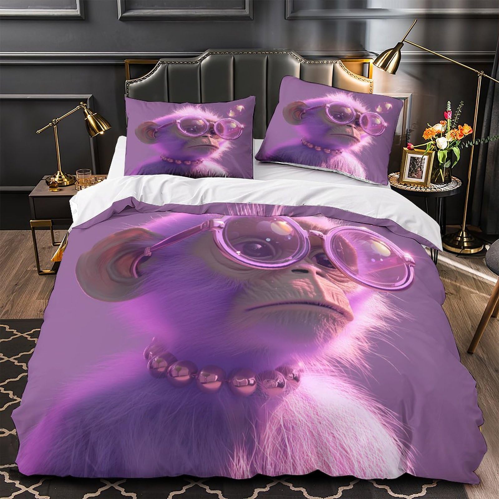Parure de lit singe violet 140x200 en microfibre avec housse de couette imprimée 3D