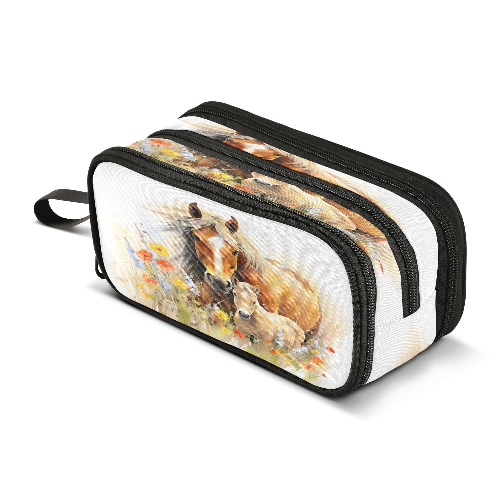 Mnsruu Horse Flower Horses Pencil Case Large Capacity Pen Bag Girls Boys Pencil Pouch Stationery Organizer Holder Zipper Pen Case for School Office