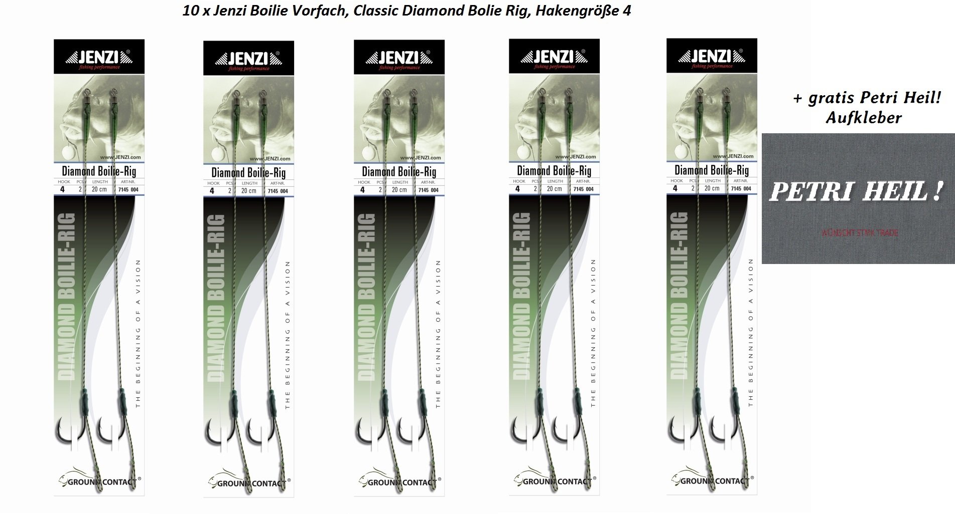 Jenzi Pack of 10 Boilie Rigs Diamond Classic for Carp Fishing Hook Size 4, Includes Boilie Stopper + Free Petri Heil Sticker