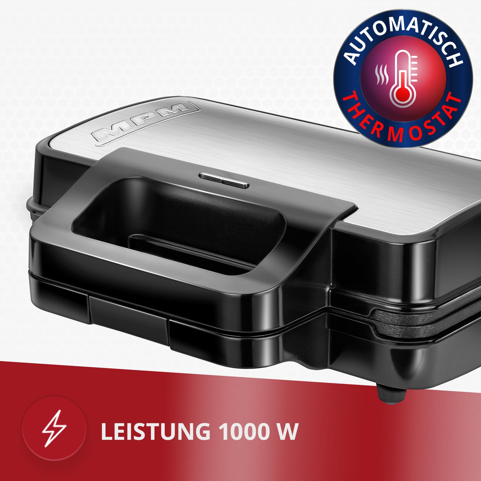 MPM MOP-43M Appareil à Sandwichs 3 en 1, Plaques Interchangeables, Appareil à Croque Monsieur, Gaufrier Belge, Grill pour Viande et Poisson, Contrôleur de Température Automatique, 1000W