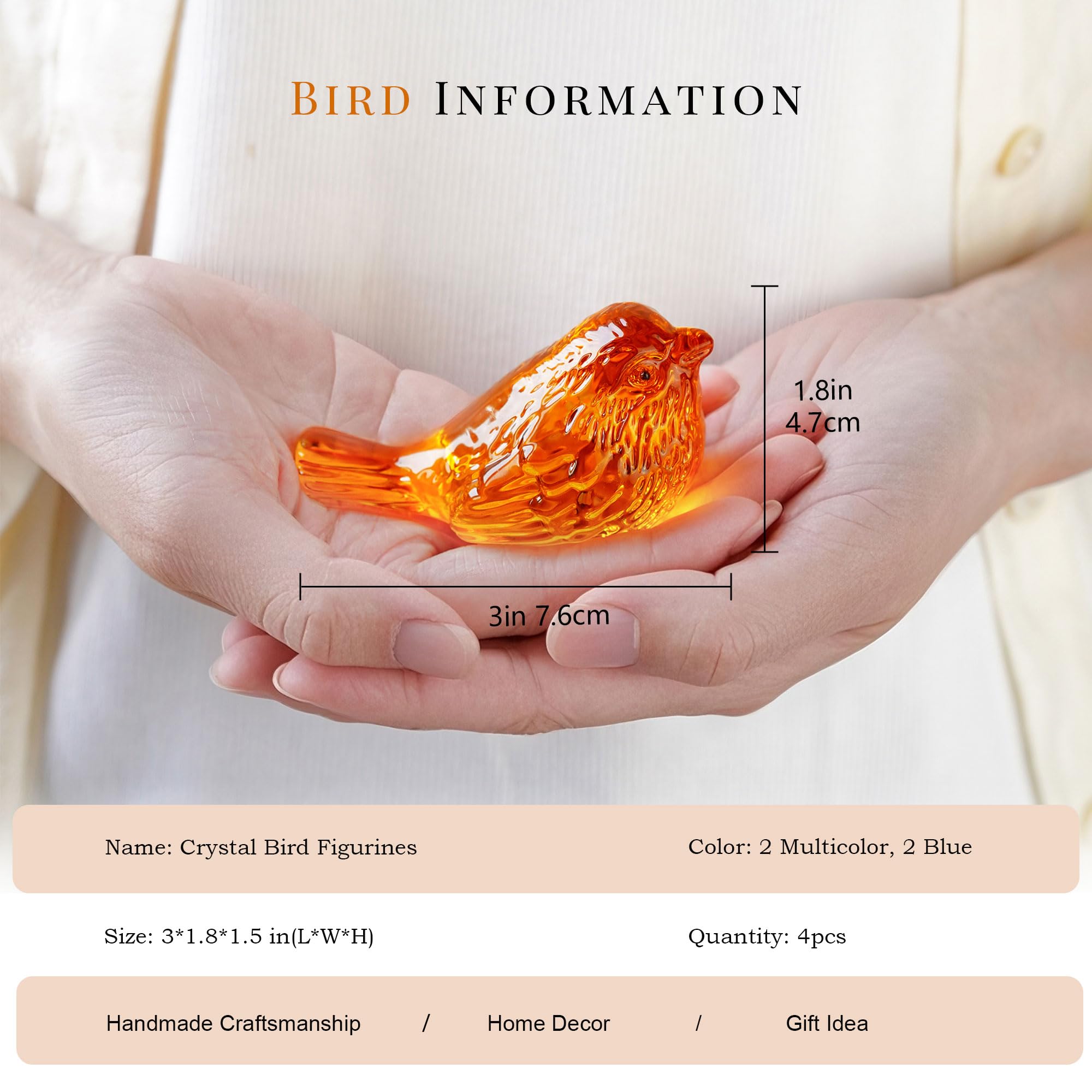 HDCRYSTALGIFTS 4pcs 3'' Crystal Bird Figurines Collectible - Elegant Art Glass Animals Gift for Bird Lovers Women, Home/Office Desk Decor, Colorful