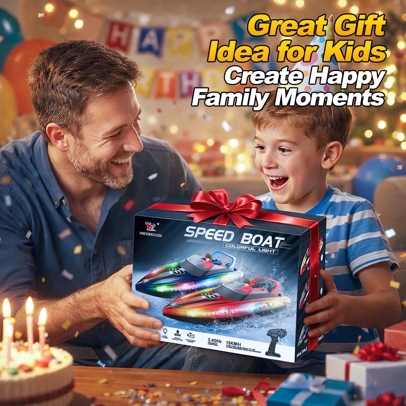 YESHIN Ferngesteuertes Boot 2er Pack, 15km/h RC Boot mit LED Licht, 4 Batterien, 2,4 GHz Fernsteuerung, Wasserdicht & Kentersicher, Geeignet für Pool & Seen, Geschenk für Kinder 8+ & Erwachsene