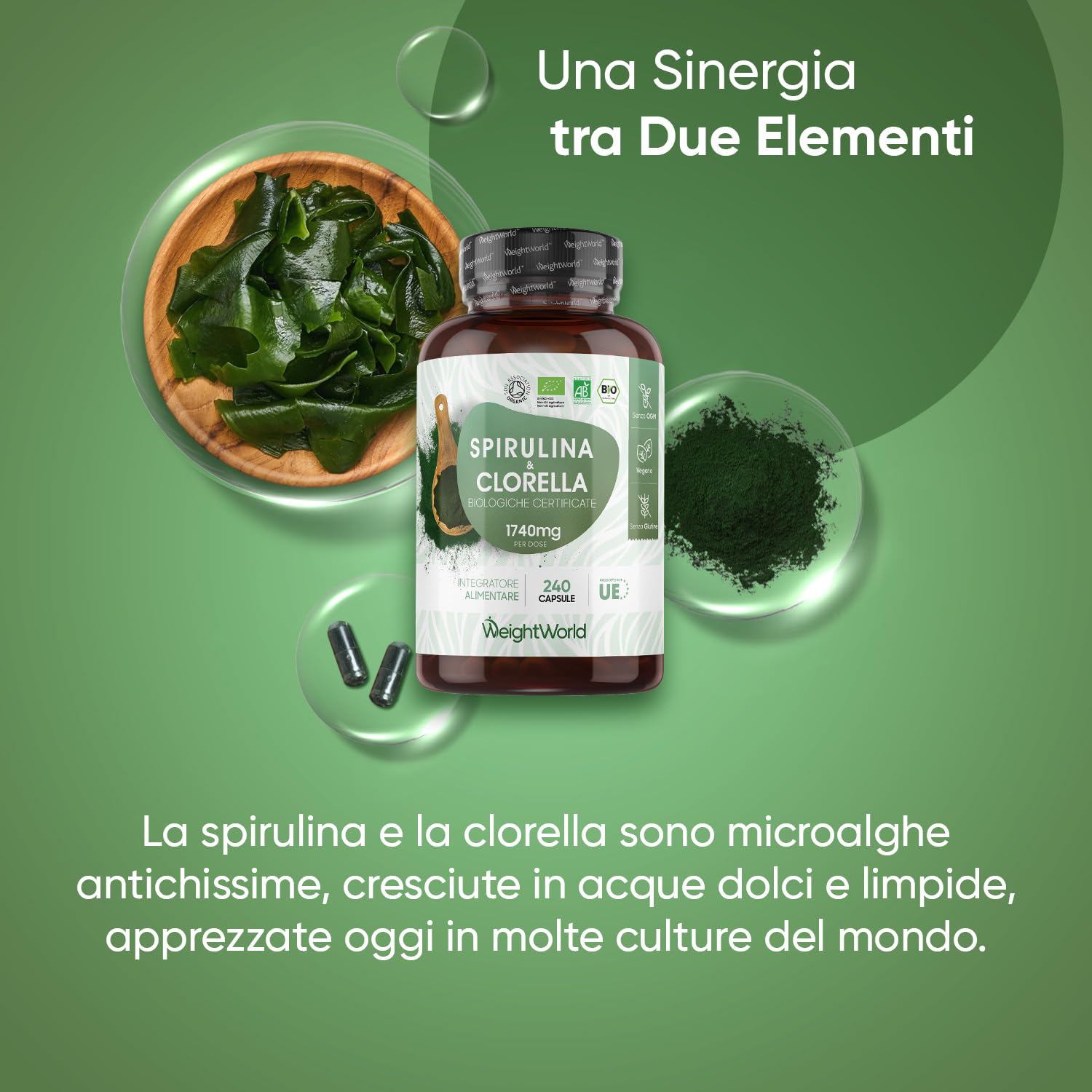 Spirulina e Clorella Biologiche Certificate, 240 Capsule Vegane, Alga Spirulina Bio, Clorella Bio Superfood, Dose da 1740mg per Capsula, Integratore Privo di Glutine e Senza OGM, Prodotto in Europa