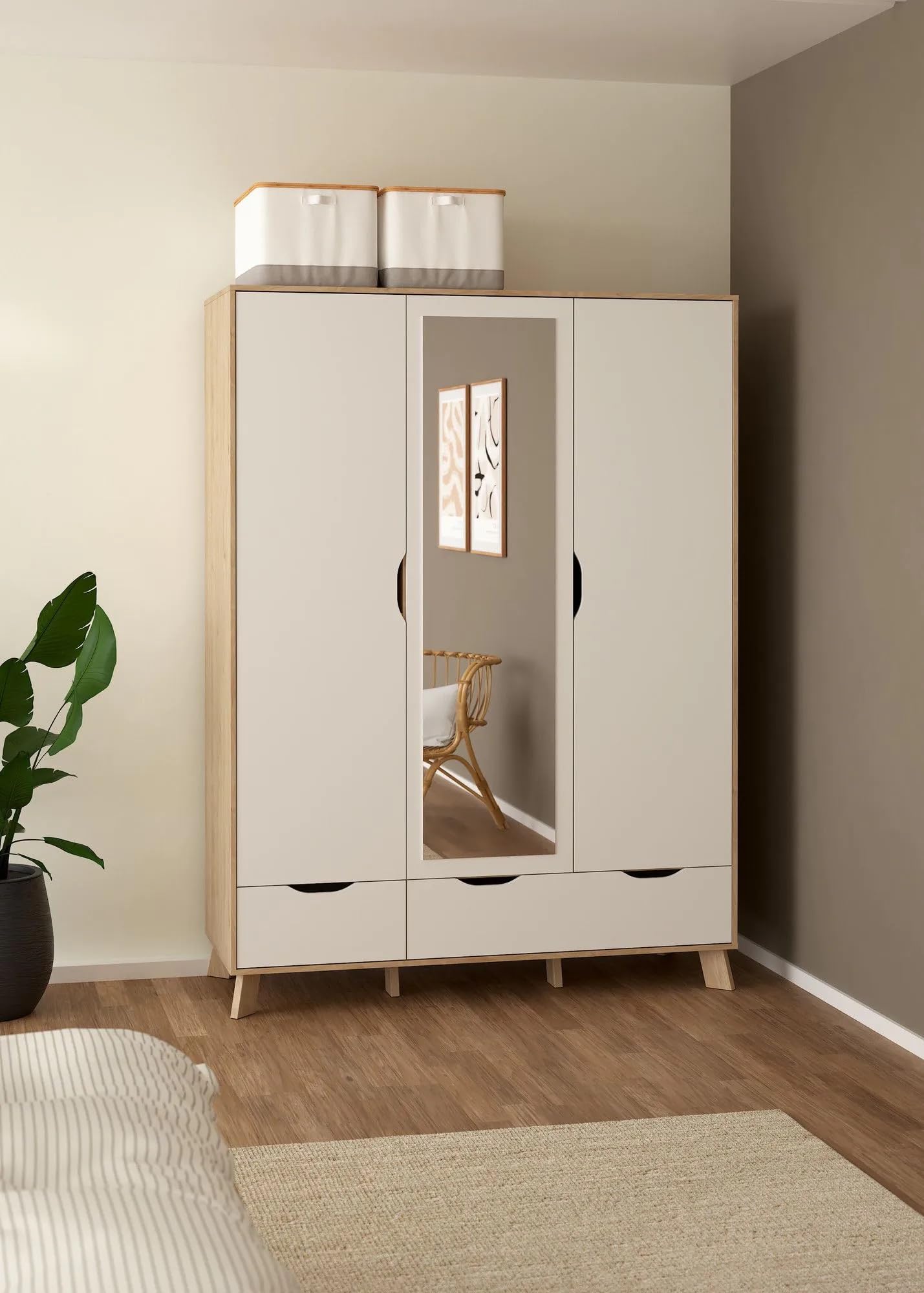 Bissolo Casa Armadio Moderno con 3 Ante, 1 Specchio, 2 Cassetti, 147,2x58,1x201 cm, Hickory Jackson e Bianco Opaco