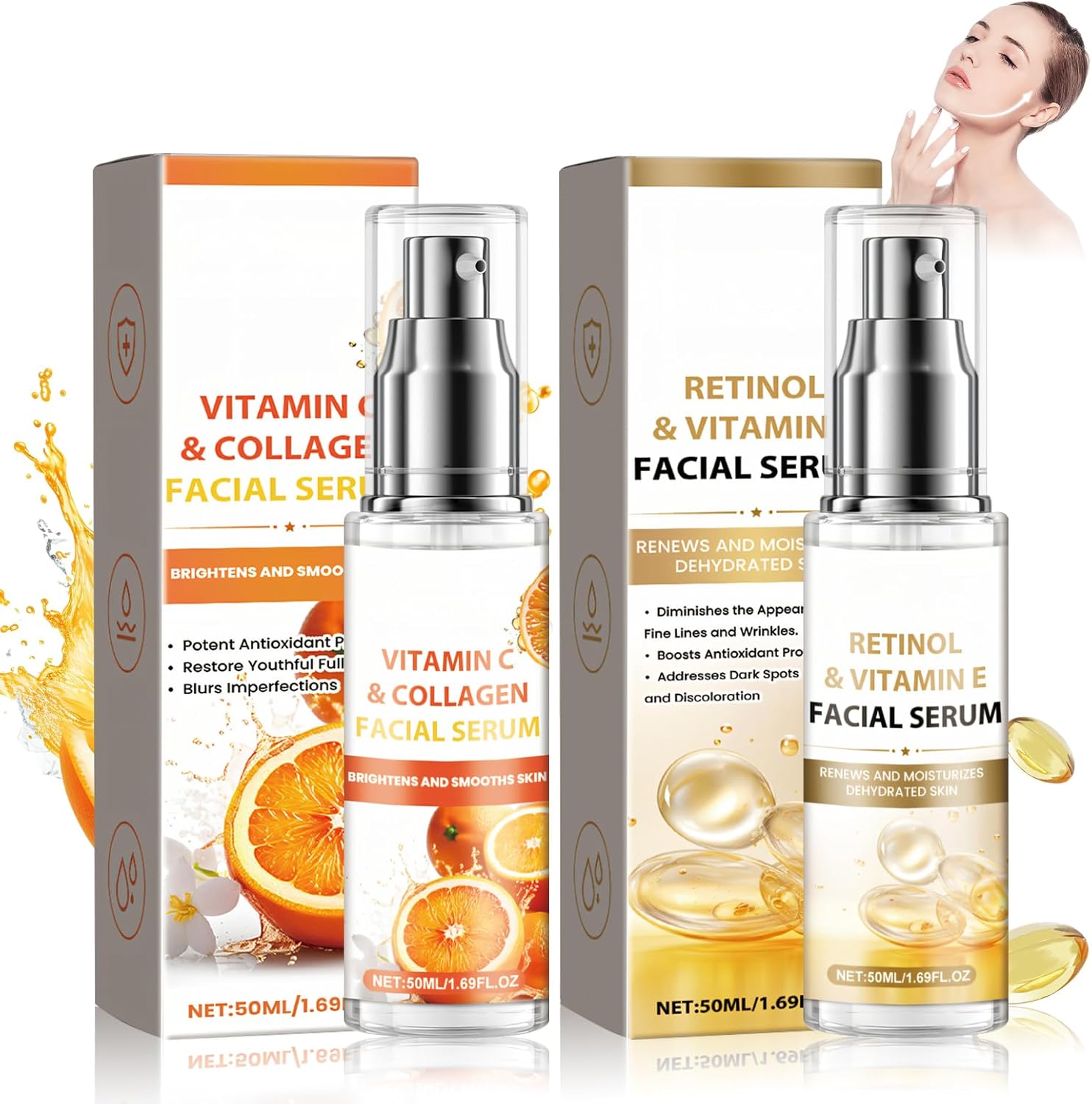 Allony Gezichtsserum voor huidkleur, 50 ml vitamine C-serum, Korean + 50 ml retinol serum, hyaluronzuurserum, biedt dagbescherming en nachtreparatie