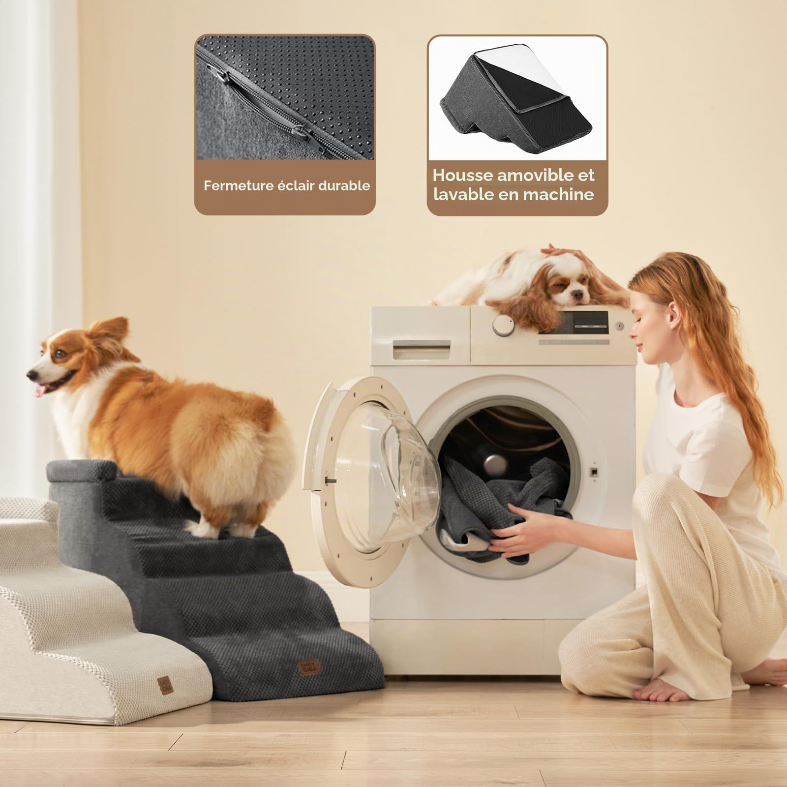 EHEYCIGA Escalier Chien 4 Marches 44.7cm H, Rampe Chien pour Canapé Lit | Mousse Haute Densité, Surface Antidérapante, Housse Amovible et Lavable, Pour Petits Chiens et Chats, Gris