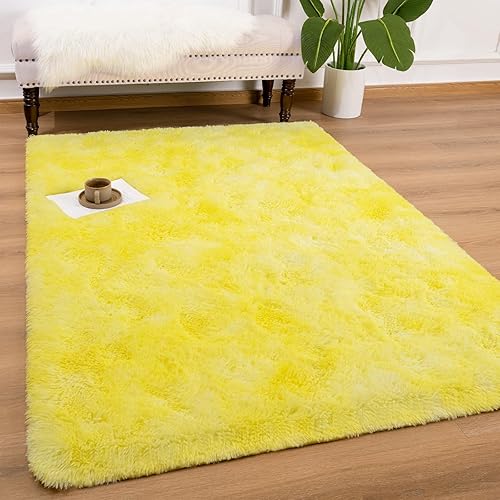 Andecor Alfombra peluda para sala de estar, 4 x 6 pies, teñido anudado, amarillo, suave, esponjosa, para interiores, dormitorio, habitación de