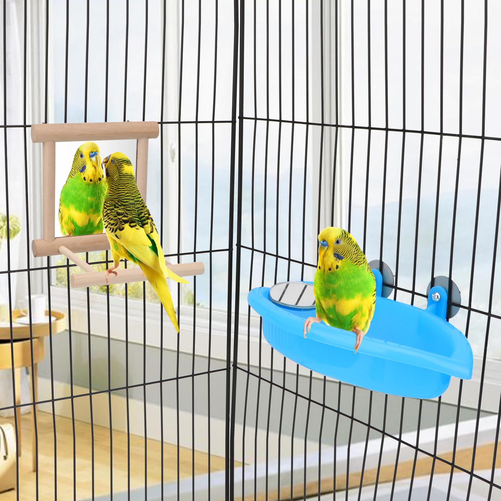 Wontee Bird Bath Parrot Bathing Tub Bird Mirror with Perch Toys for Budgies Parakeets Cockatiels Lovebirds Finches Canaries (Blue (B)) - image 3