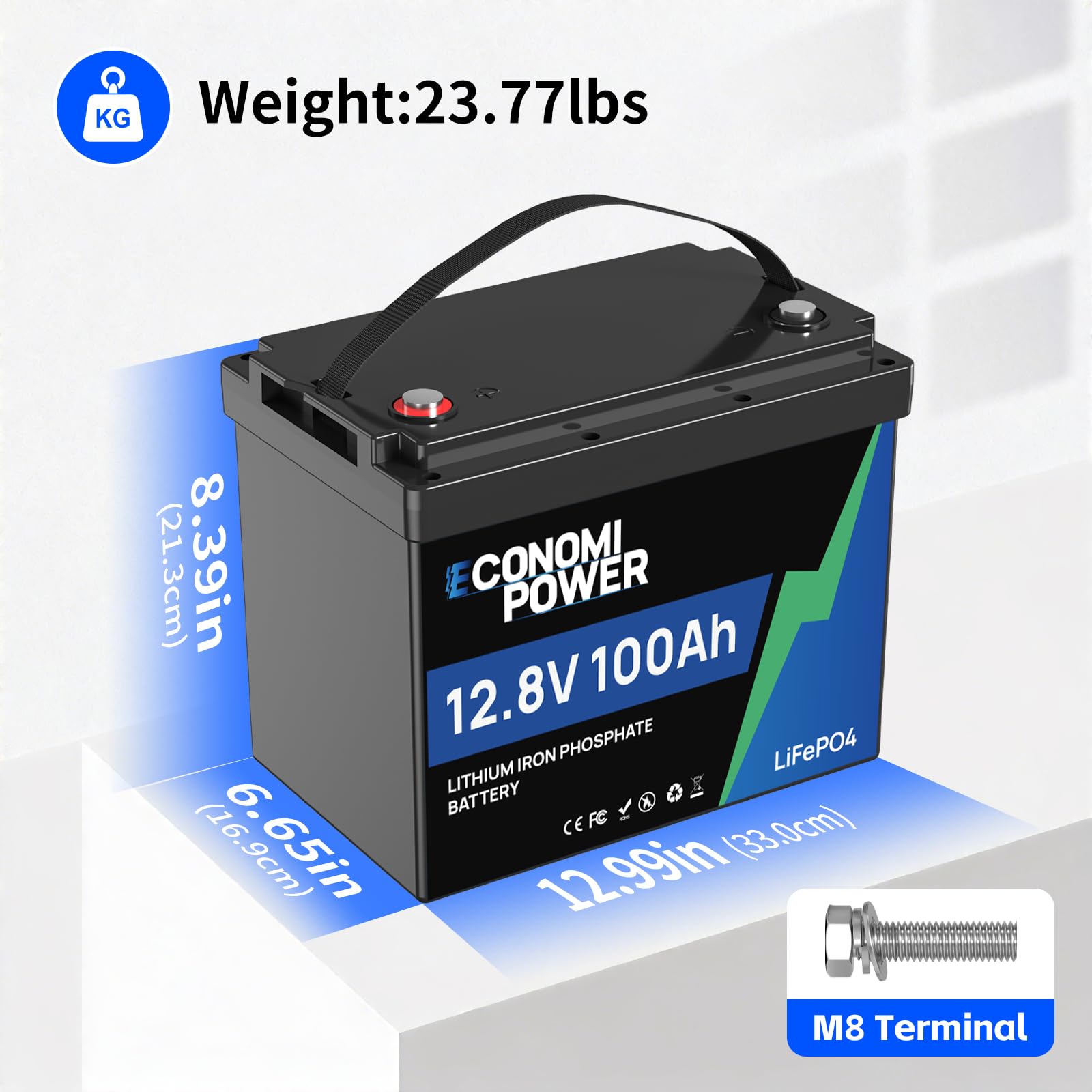 Batería de Litio Recargable (12 V, 100 A, 100 A, BMS, 4000 – 15000, Deep Cycle Lithium Battery, 1280 Wh) para Placas Solares, Camping Car, Motores de Curricán