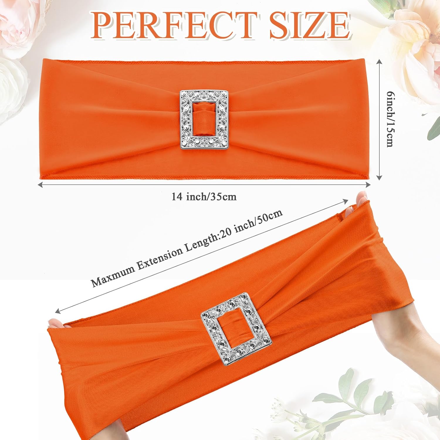VitalCozy 100 Pcs Spandex Chair Sashes with Square Buckle Slider Stretch Chair Cover Band Universal Elastic Ties Straps Bows for Wedding Banquet Event Party Decoration(Orange)