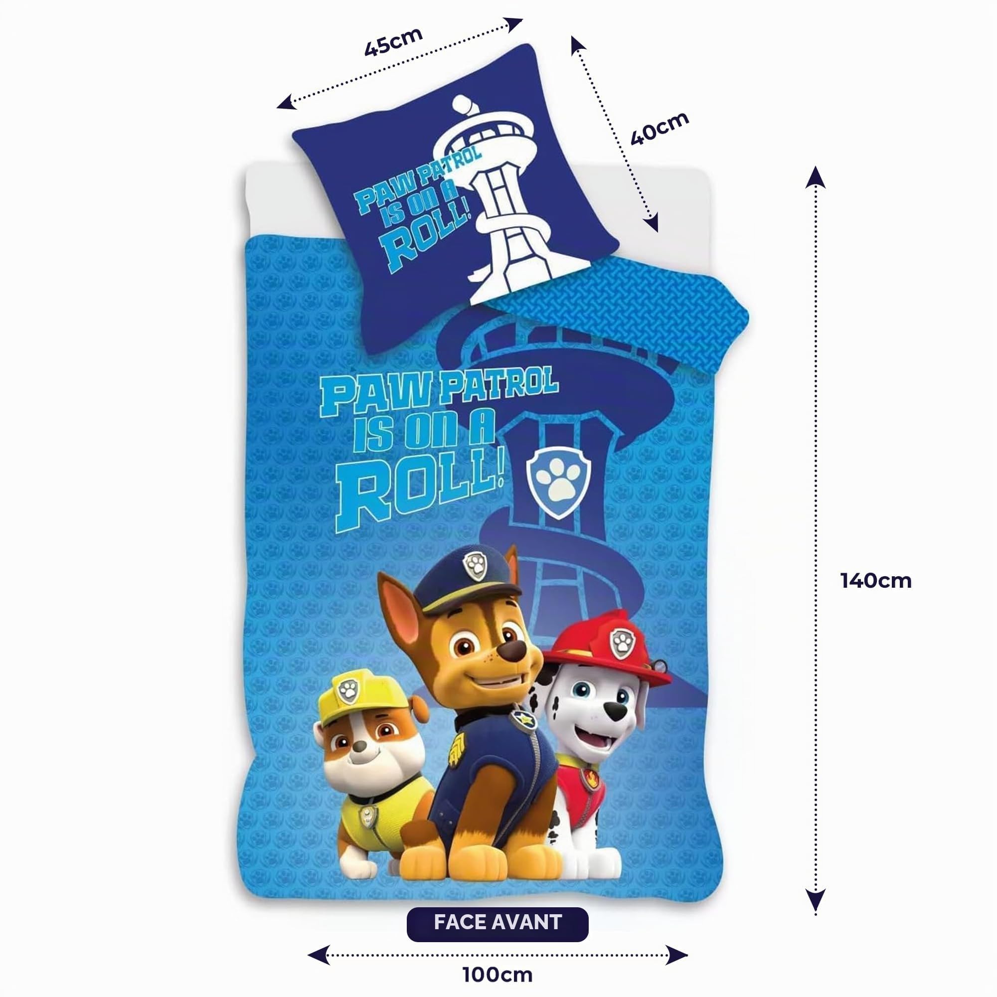 Paw Patrol - Parure de lit pour lit de bébé, housse de couette 100 x 140 cm + taie d'oreiller 40 x 45 cm, 100% coton, douce et respirante, pour lit de nouveau-né ou d'enfant, motif : Paw Patrol