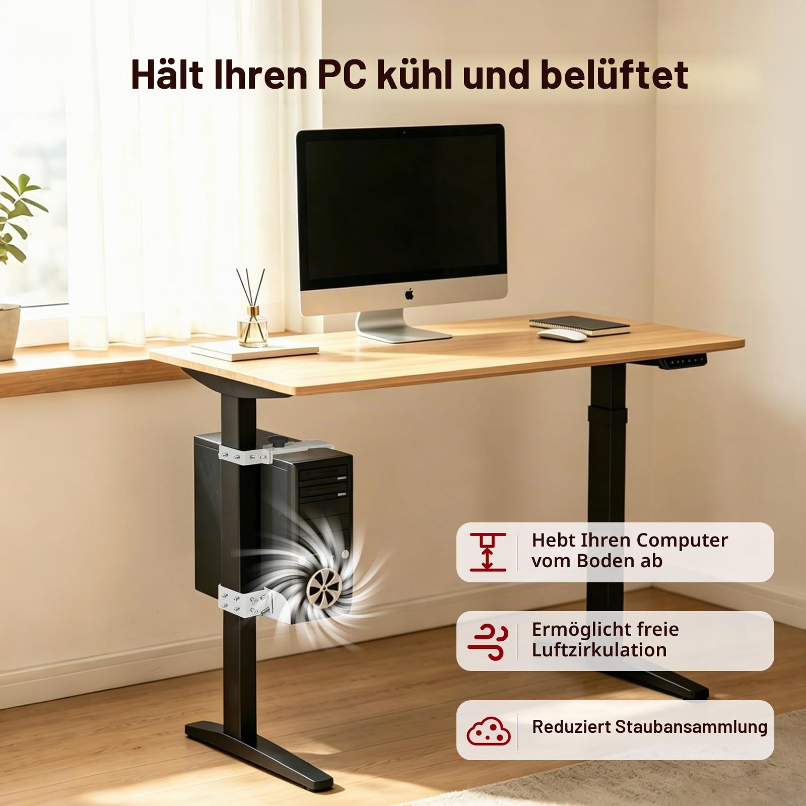 PC Halterung unter Schreibtisch, Verstellbare PC Tischhalterung Ohne Bohren, 20 kg Tragkraft, PC-Tower-Halterung Für Höhenverstellbare Schreibtische, Fits Desk Leg: 65-80mm(D) x 40-50mm(W), Weiß