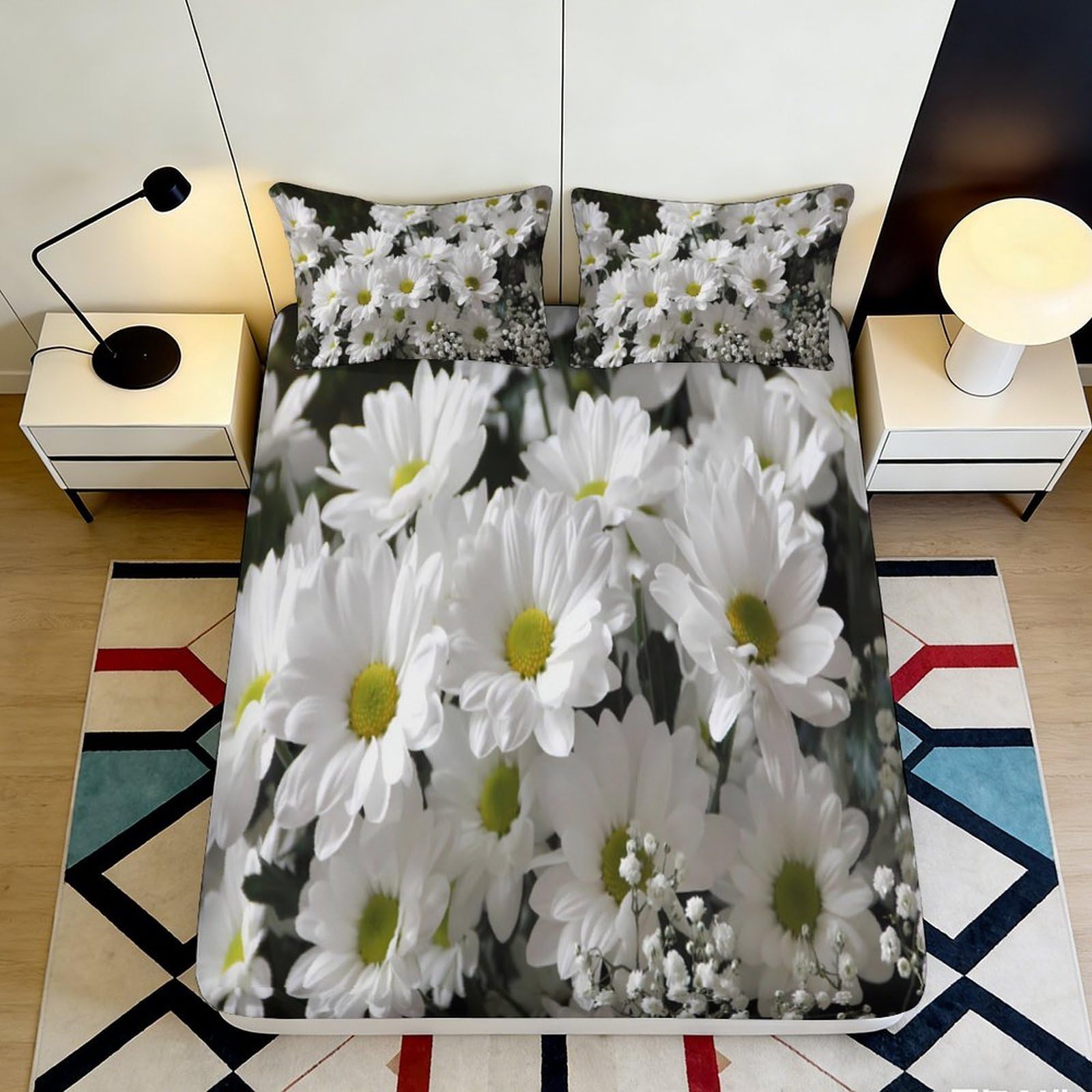 3D Printed White Daisy Fitted Sheet Microfiber Floral Bed Cover for Bedroom Guest Room Dorm Mattress Protection Decor 90x200x25cm