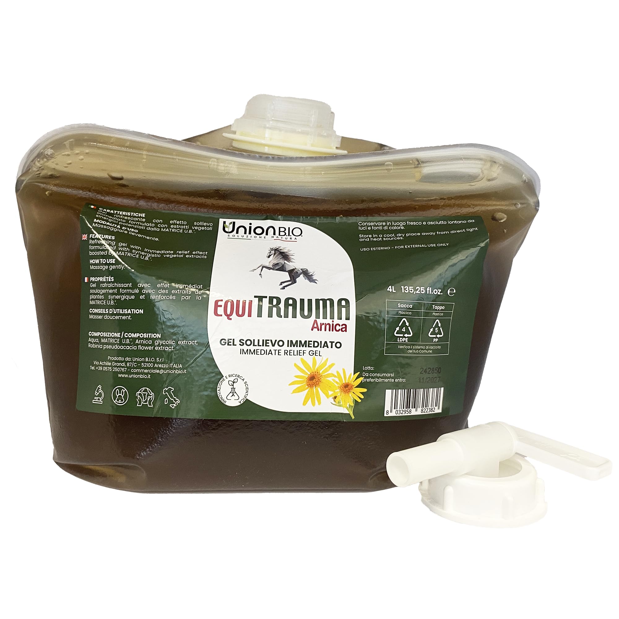 UNION B.I.O. SOLUZIONE NATURA Equitrauma Gel Arnica Montana per Cavalli e Uso Umano 4LT