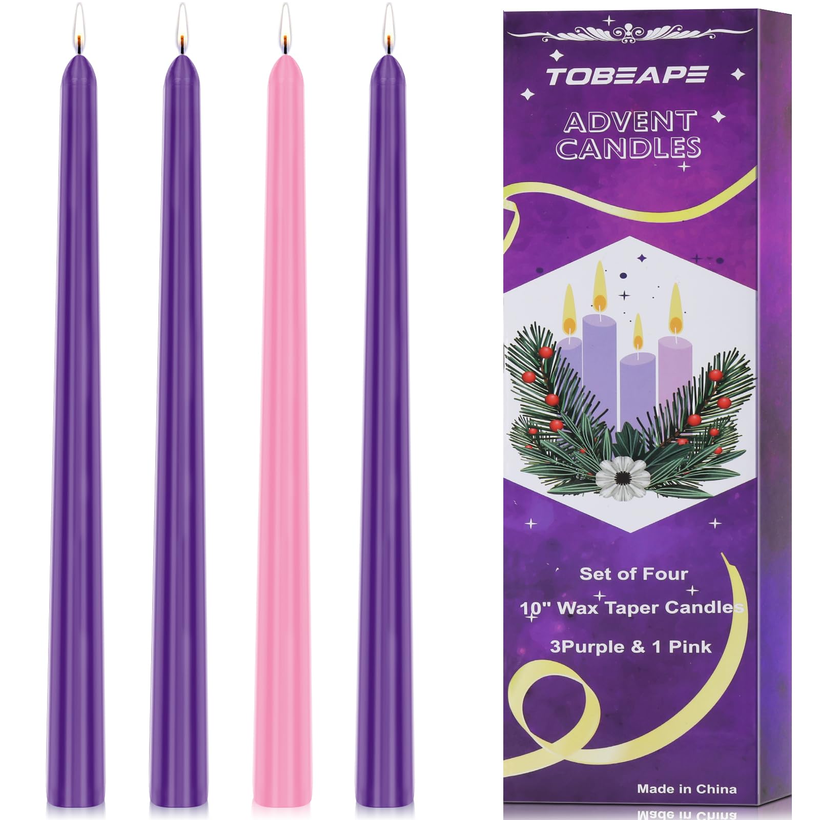 TobeapeAdvent Candle Set, 4 Pack 10 Inch Christmas Taper Candles, 8 Hours Long Burning Time Dripless Unscented Dinner Candle, 3 Purple & 1 Pink